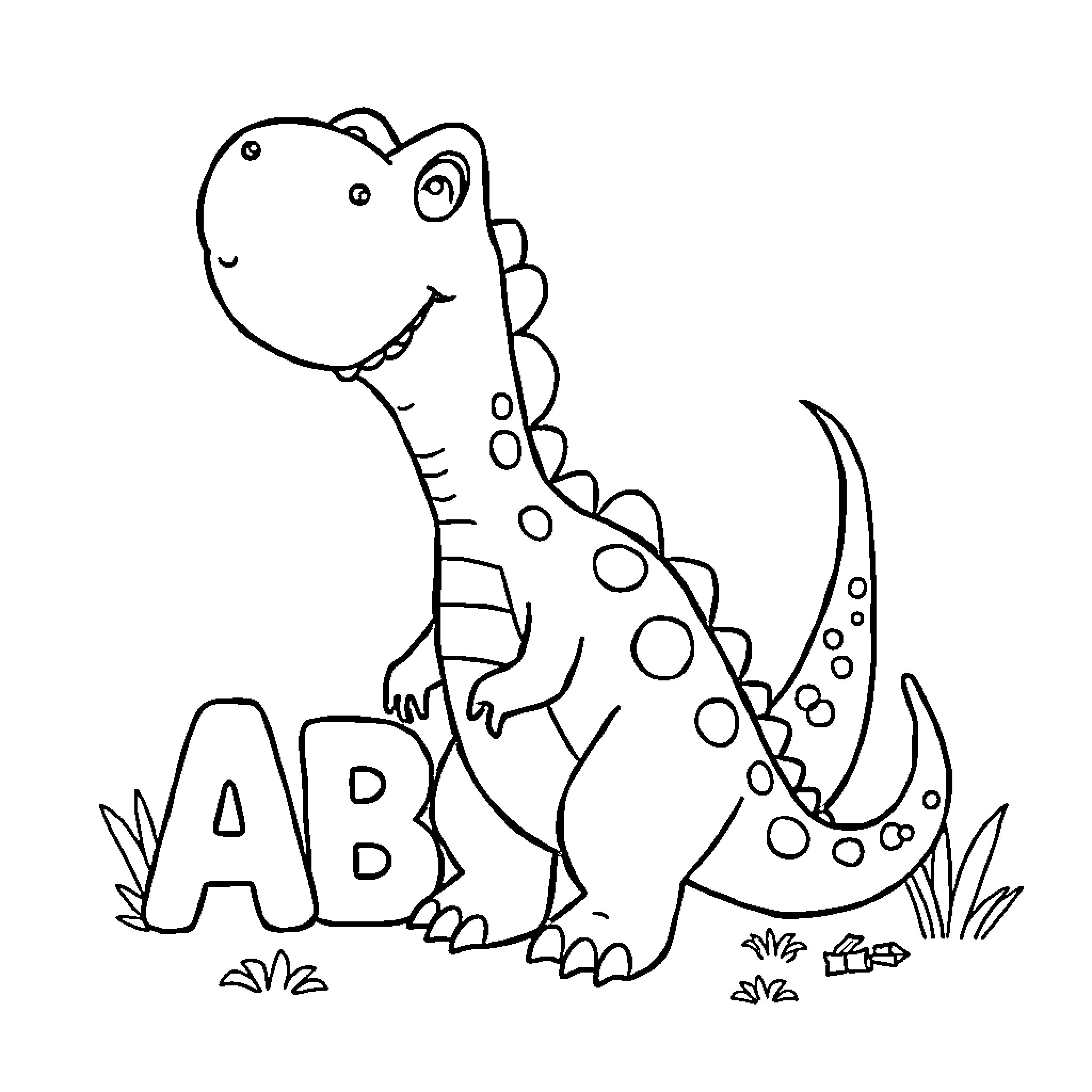 Dinosaur happily playing with letters in nature Coloring Page (free black-and-white line drawing printable PDF for all, from beginners to advanced learners, including children, teens, adults, and seniors)