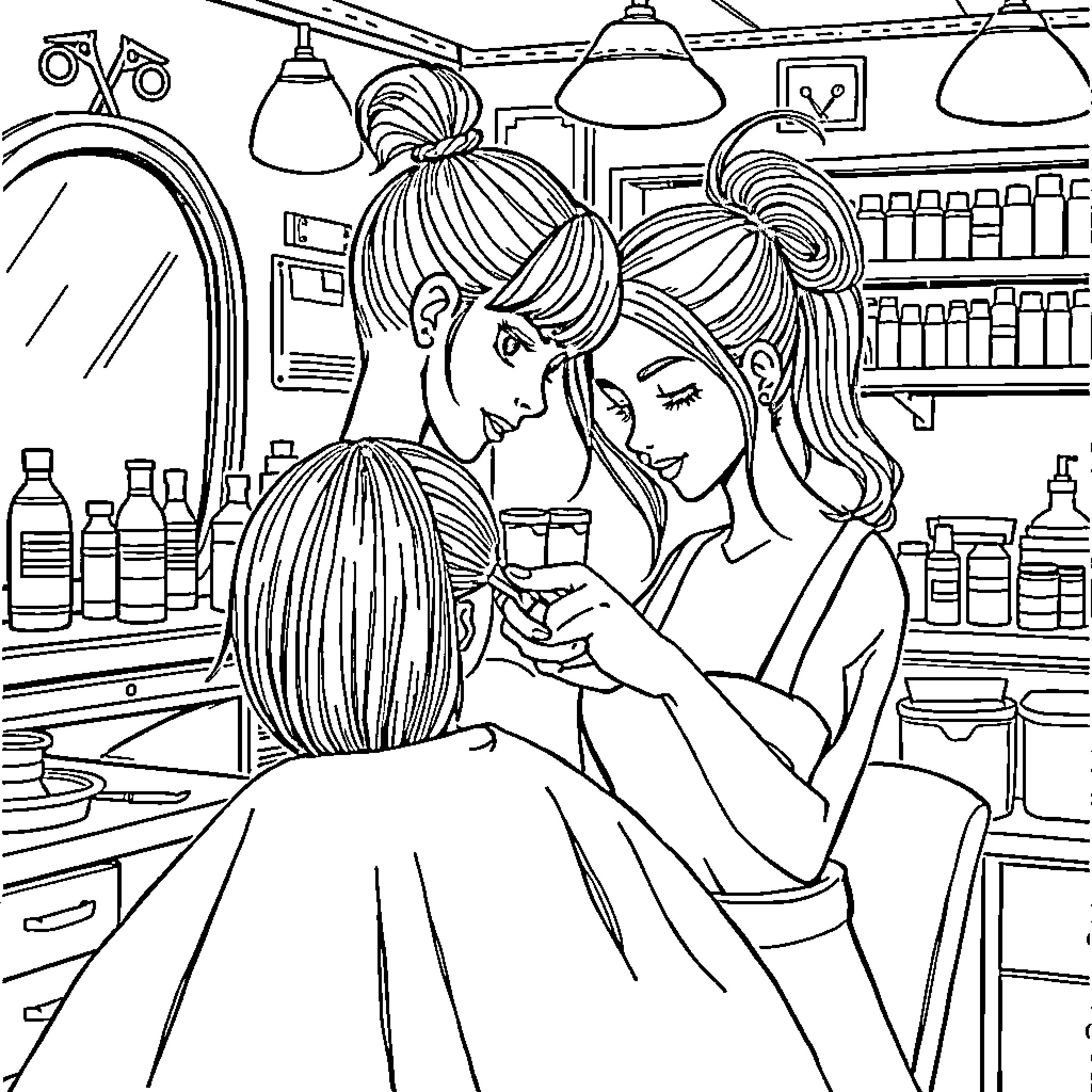 Girl getting her hair styled at a salon Coloring Page (free black-and-white line drawing printable PDF for all, from beginners to advanced learners, including children, teens, adults, and seniors)