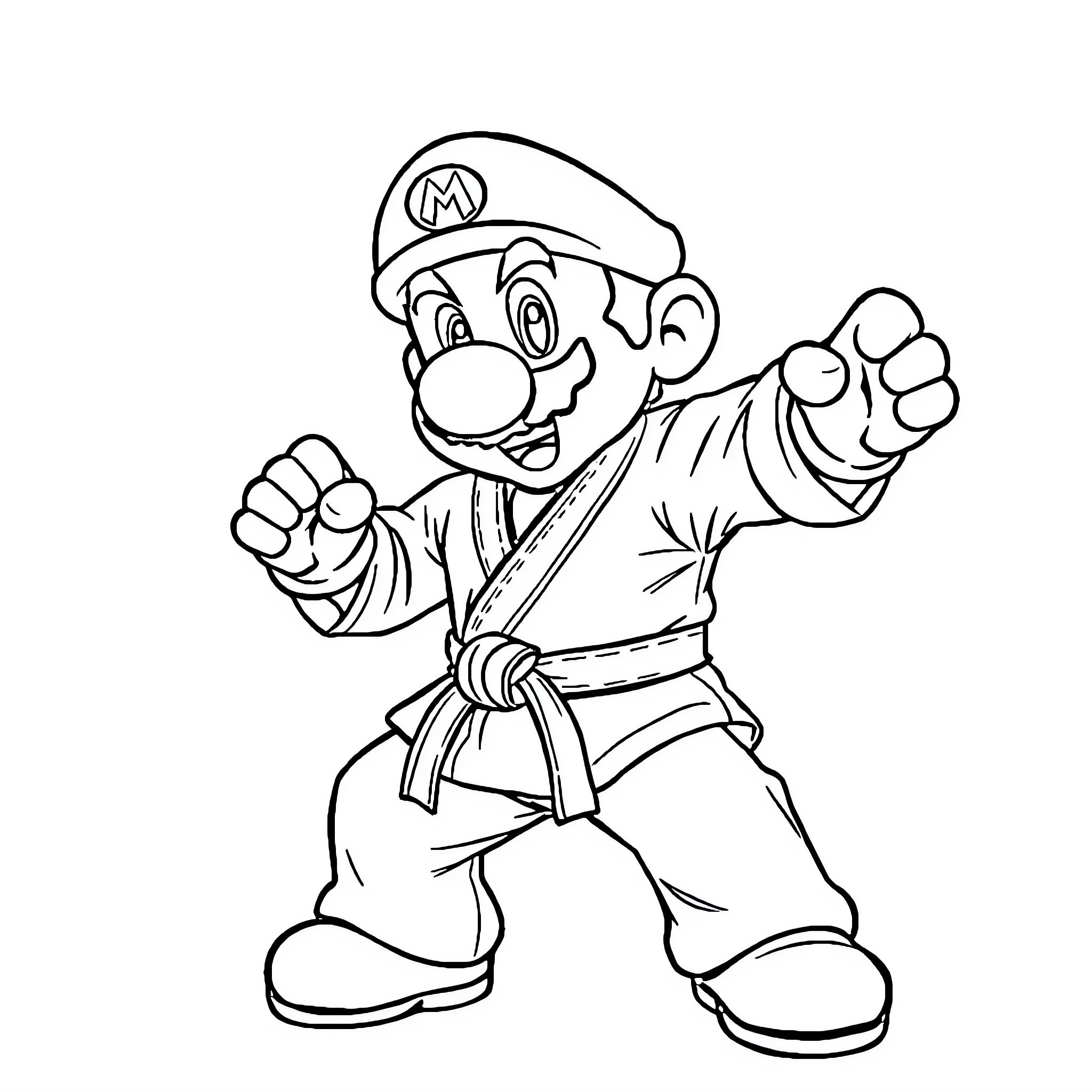 Mario Performing Karate Stance in Uniform Coloring Page (free black-and-white line drawing printable PDF for all, from beginners to advanced learners, including children, teens, adults, and seniors)