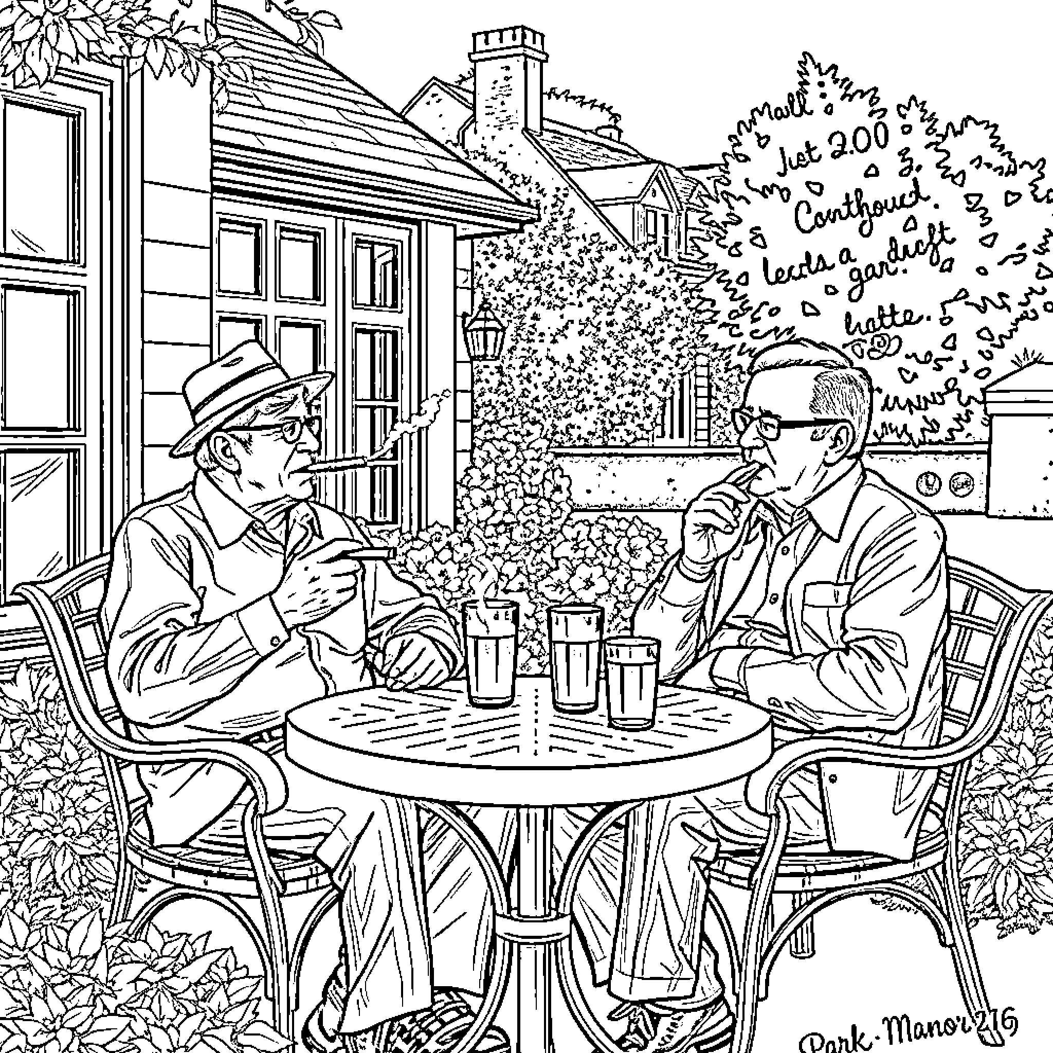 Cigar Gentlemen Discussing in Outdoor Cafe Coloring Page (free black-and-white line drawing printable PDF for all, from beginners to advanced learners, including children, teens, adults, and seniors)