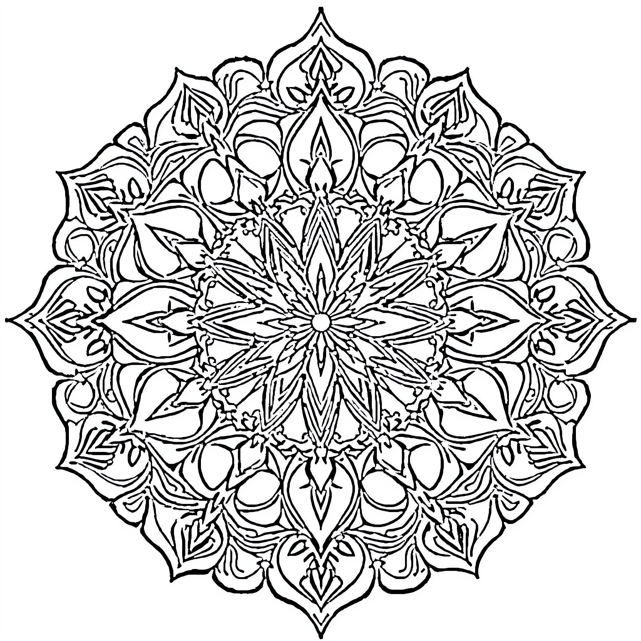 Mandala of intricate floral patterns and symmetry Coloring Page (free black-and-white line drawing printable PDF for all, from beginners to advanced learners, including children, teens, adults, and seniors)