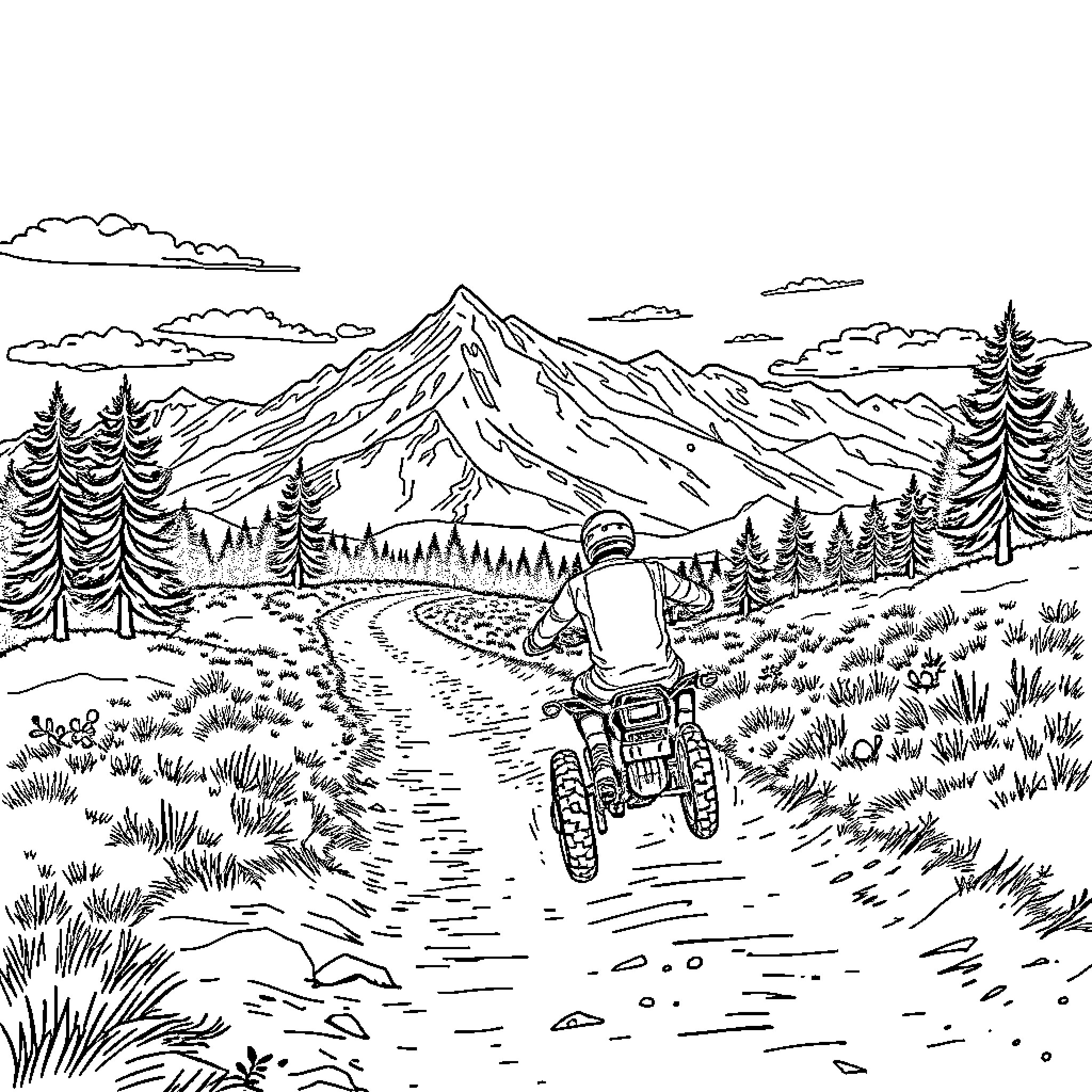 Offroad Motorcycle Adventure in the Mountains Coloring Page (free black-and-white line drawing printable PDF for all, from beginners to advanced learners, including children, teens, adults, and seniors)