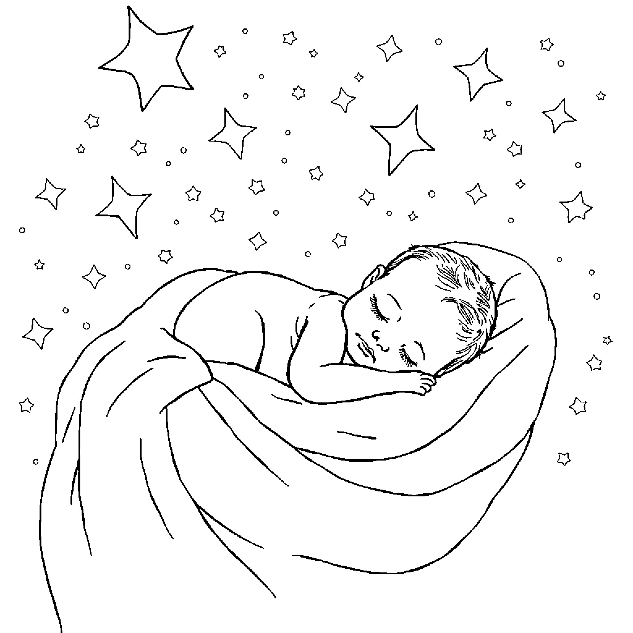 Baby sleeping peacefully under the starry night sky Coloring Page (free black-and-white line drawing printable PDF for all, from beginners to advanced learners, including children, teens, adults, and seniors)