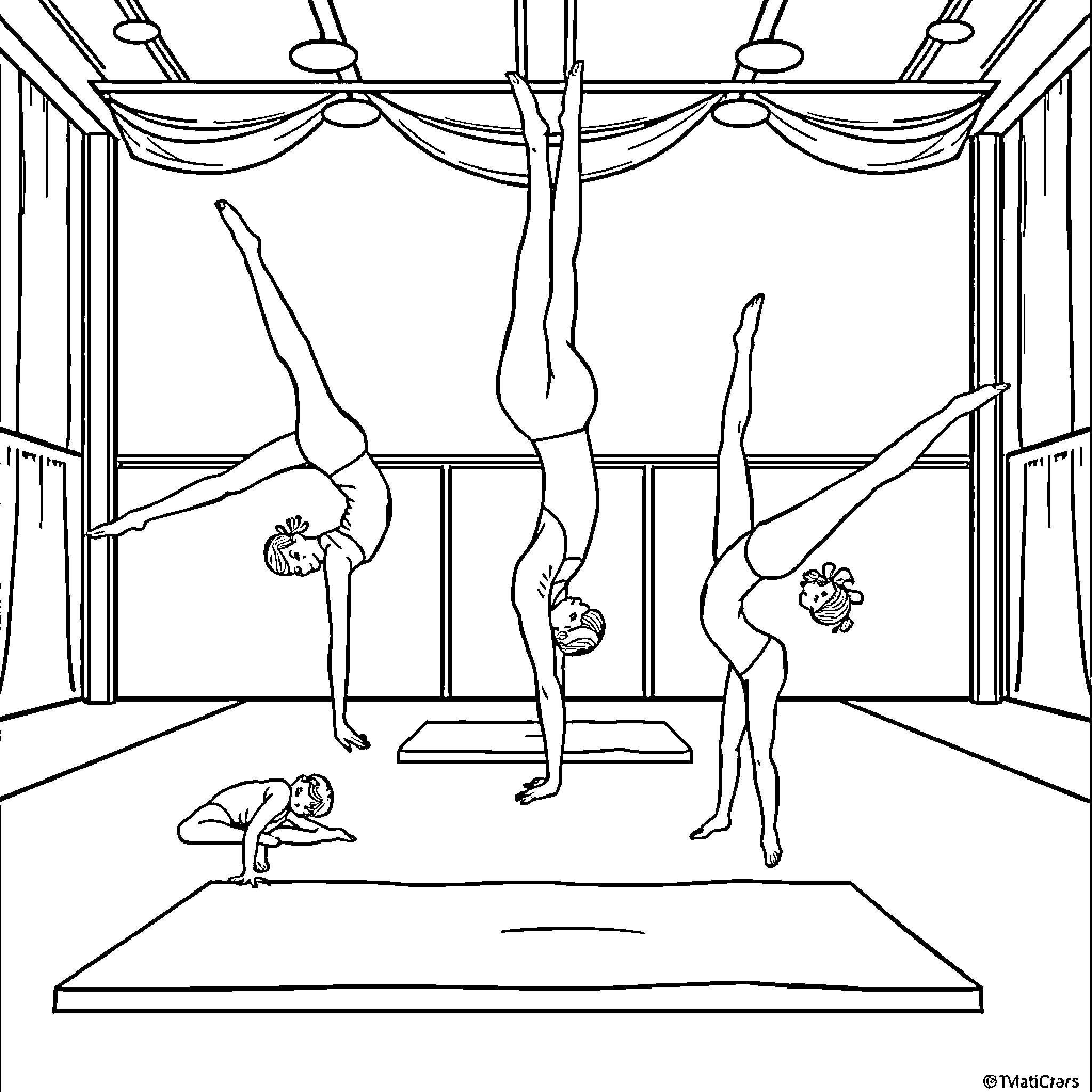 Gymnasts performing acrobatic routines in studio Coloring Page (free black-and-white line drawing printable PDF for all, from beginners to advanced learners, including children, teens, adults, and seniors)