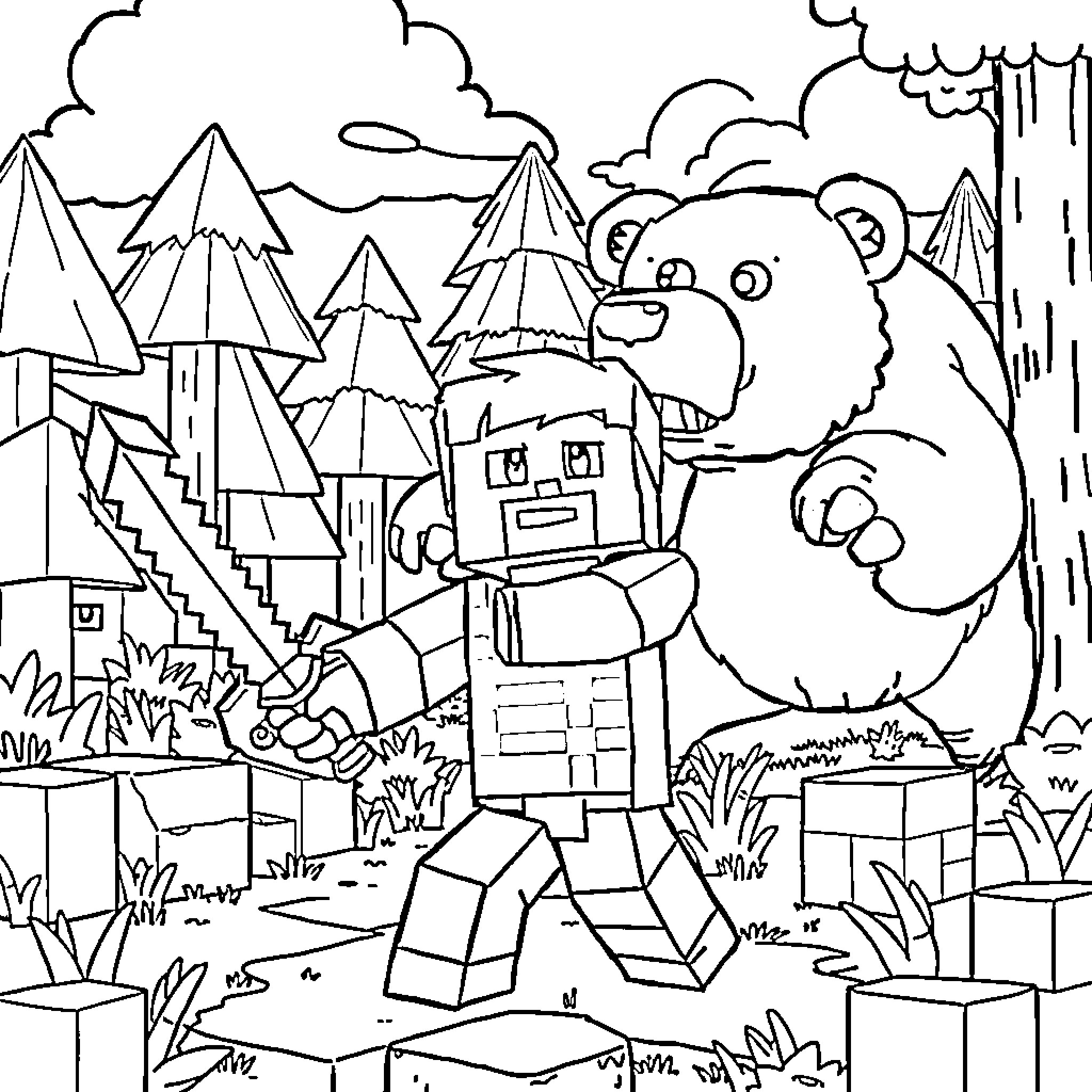 Steve's Robotic Adventure in the Forest Coloring Page (free black-and-white line drawing printable PDF for all, from beginners to advanced learners, including children, teens, adults, and seniors)