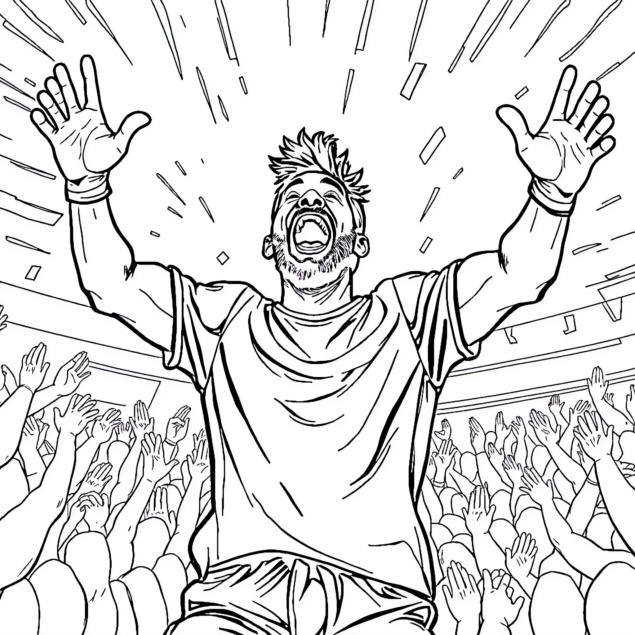 Jey Uso's triumphant expression in the ring Coloring Page (free black-and-white line drawing printable PDF for all, from beginners to advanced learners, including children, teens, adults, and seniors)
