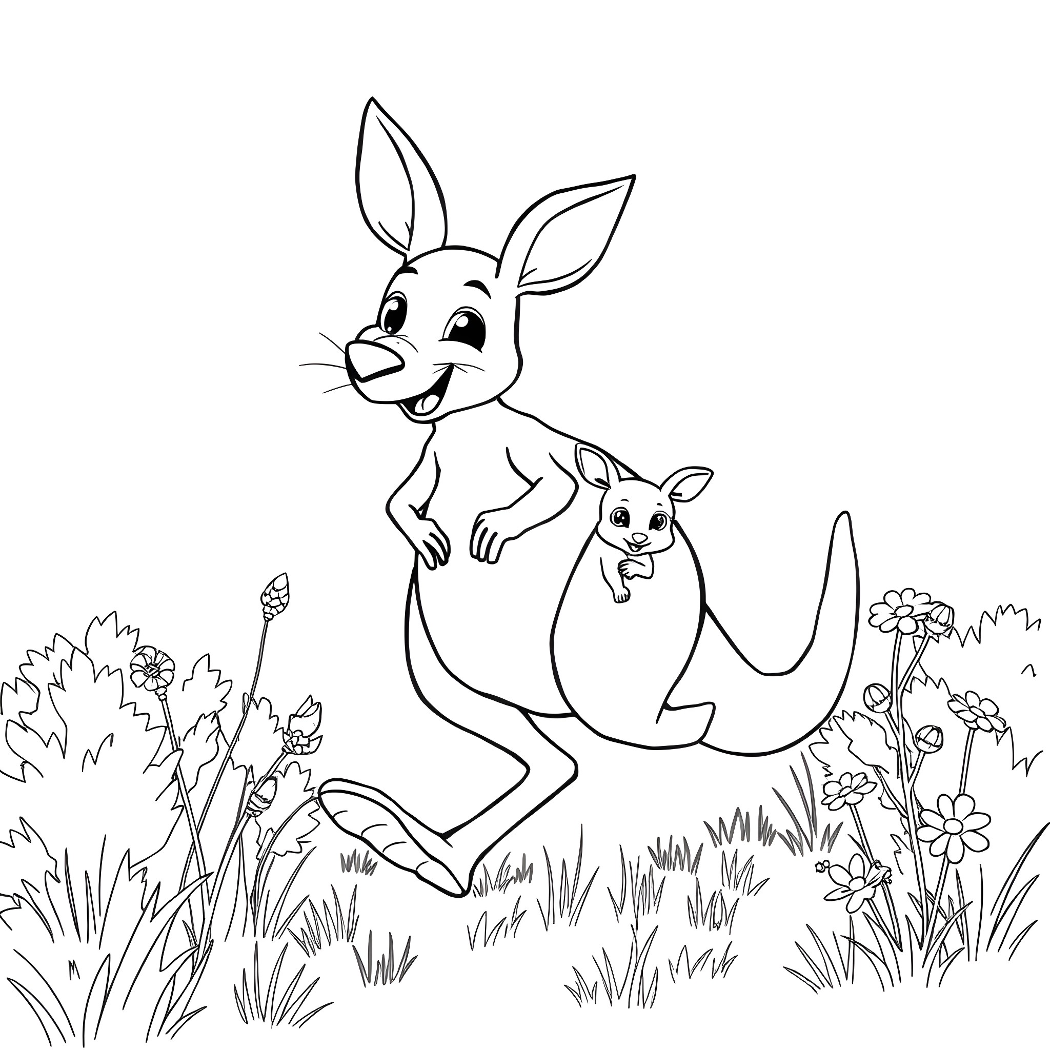 Kangaroo and baby kangaroo hopping in nature Coloring Page (free black-and-white line drawing printable PDF for all, from beginners to advanced learners, including children, teens, adults, and seniors)