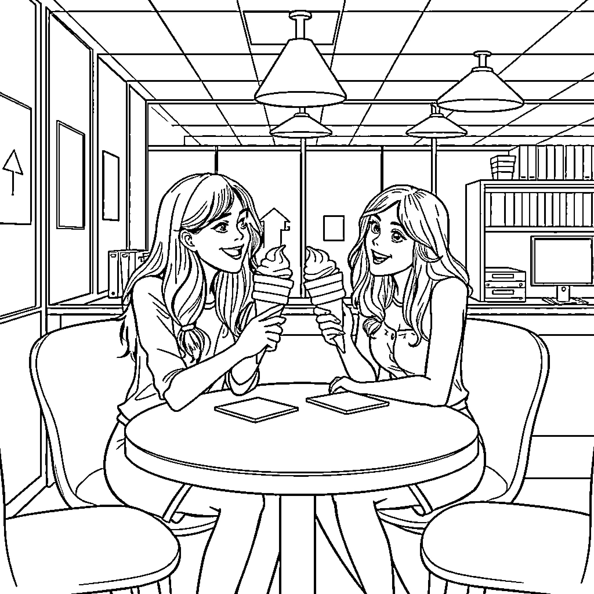 Girls Chatting Happily in a Cozy Cafe Coloring Page (free black-and-white line drawing printable PDF for all, from beginners to advanced learners, including children, teens, adults, and seniors)