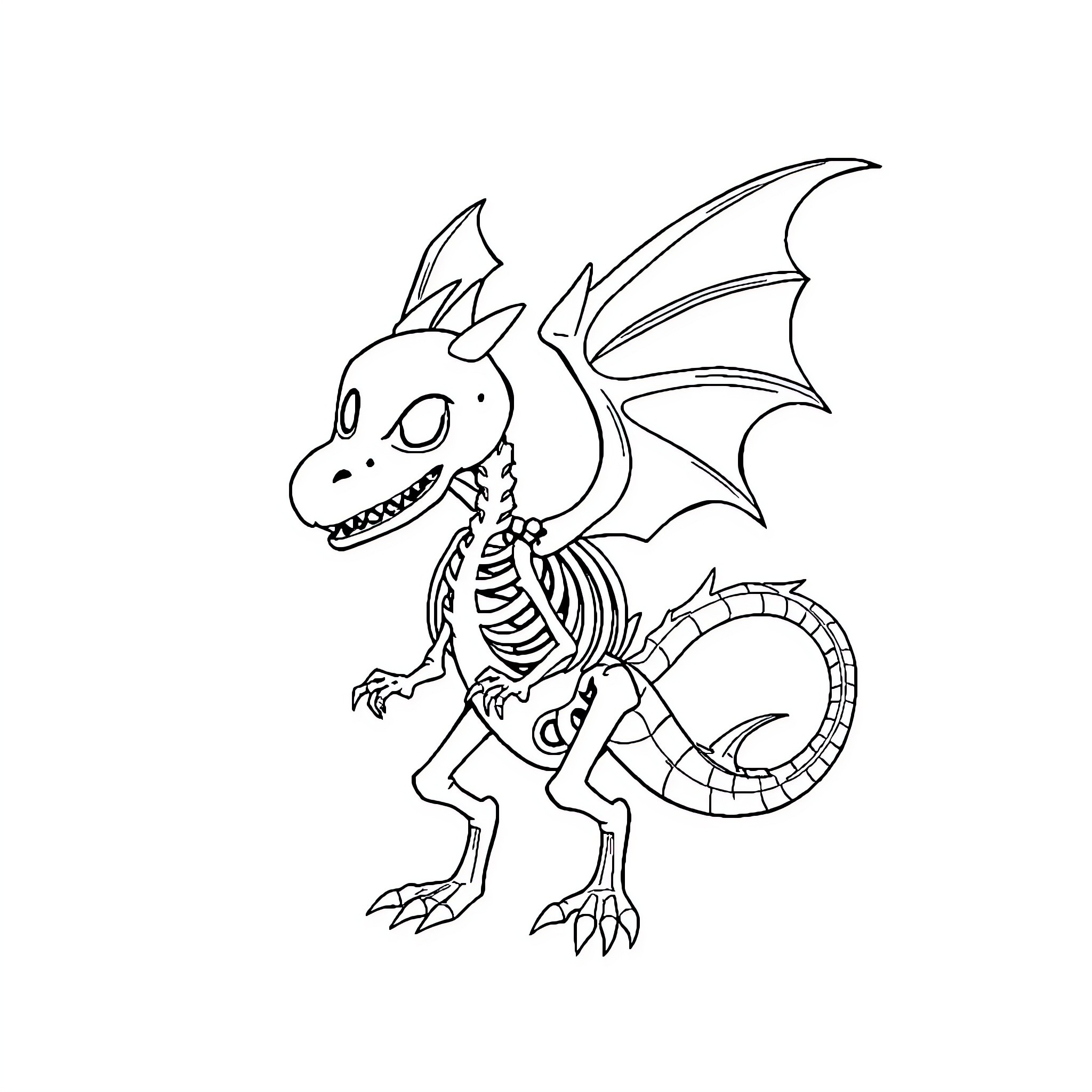 Dragon skeleton with wings and teeth Coloring Page (free black-and-white line drawing printable PDF for all, from beginners to advanced learners, including children, teens, adults, and seniors)