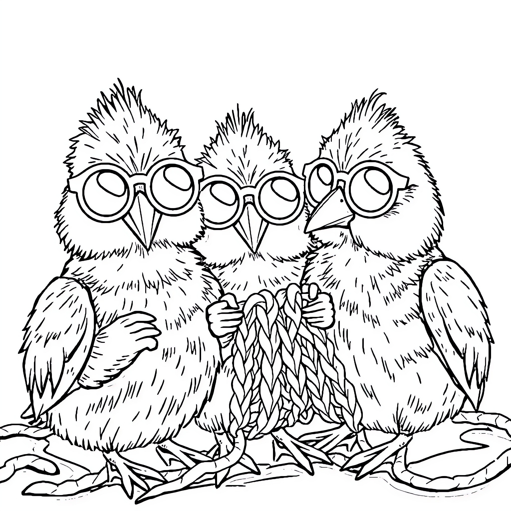 Poules wearing comical glasses in a whimsical scene Coloring Page (free black-and-white line drawing printable PDF for all, from beginners to advanced learners, including children, teens, adults, and seniors)