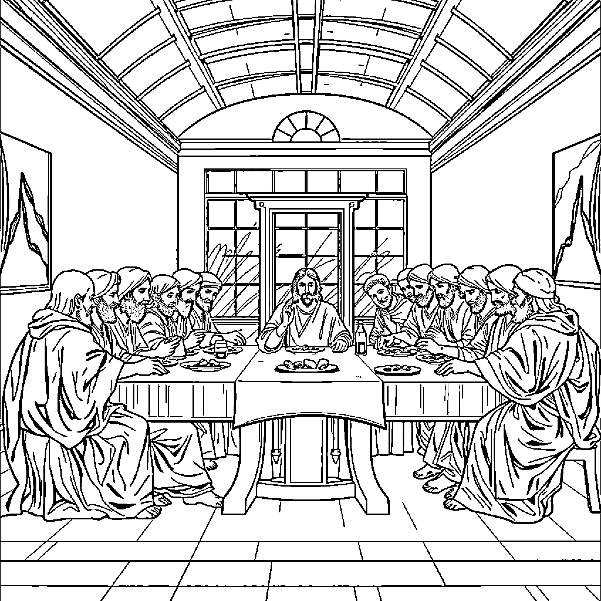 Last Supper - Disciples Gathered Around the Table Coloring Page (free black-and-white line drawing printable PDF for all, from beginners to advanced learners, including children, teens, adults, and seniors)
