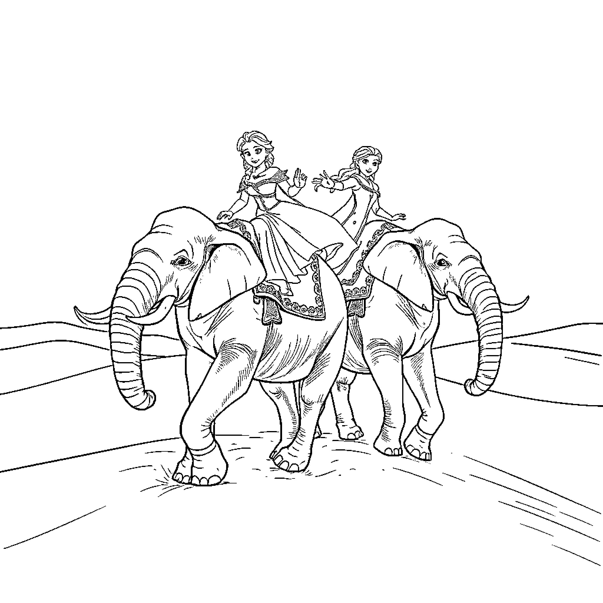 Elephant riders enjoying a desert adventure Coloring Page (free black-and-white line drawing printable PDF for all, from beginners to advanced learners, including children, teens, adults, and seniors)