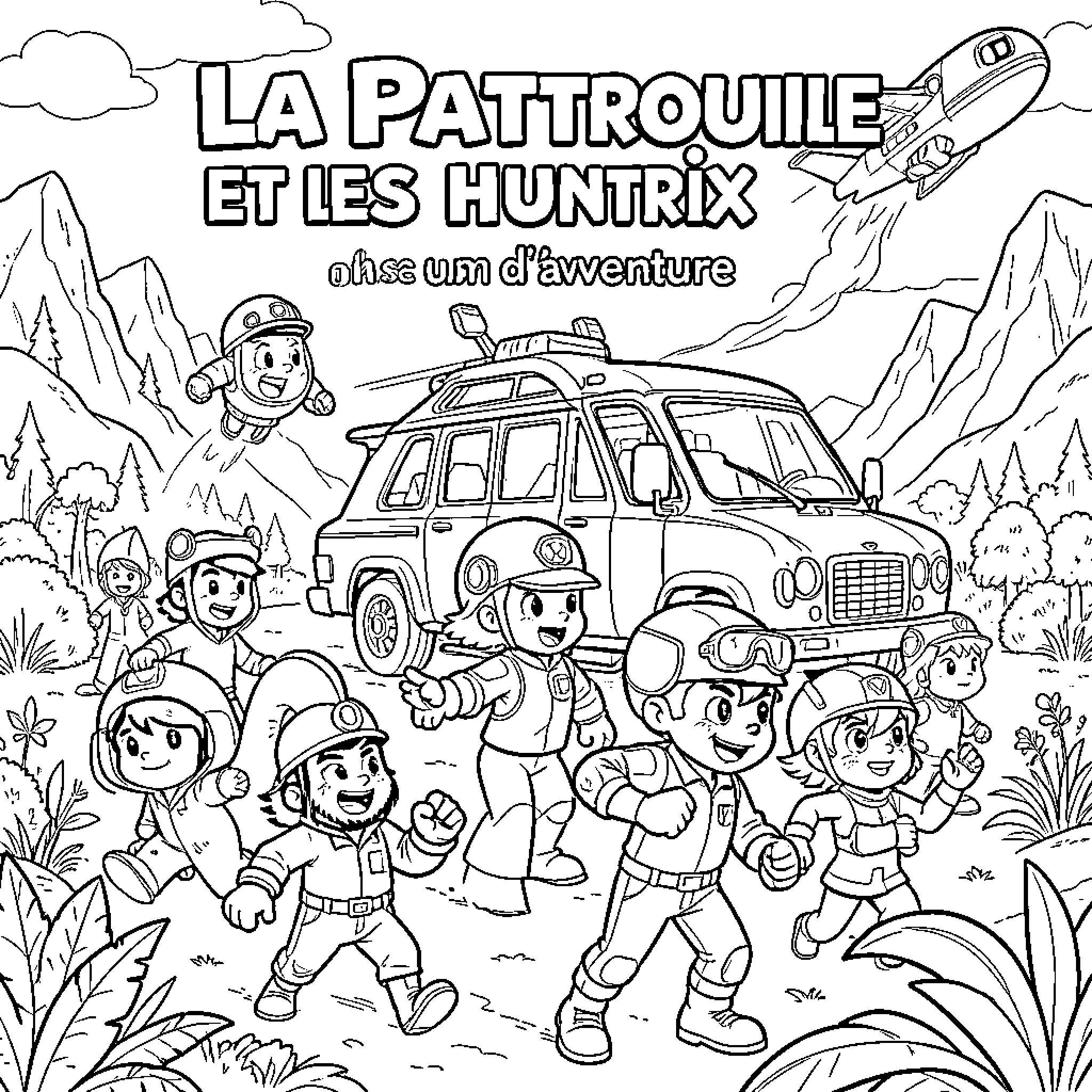 Paw Patrol characters adventuring together in a landscape Coloring Page (free black-and-white line drawing printable PDF for all, from beginners to advanced learners, including children, teens, adults, and seniors)