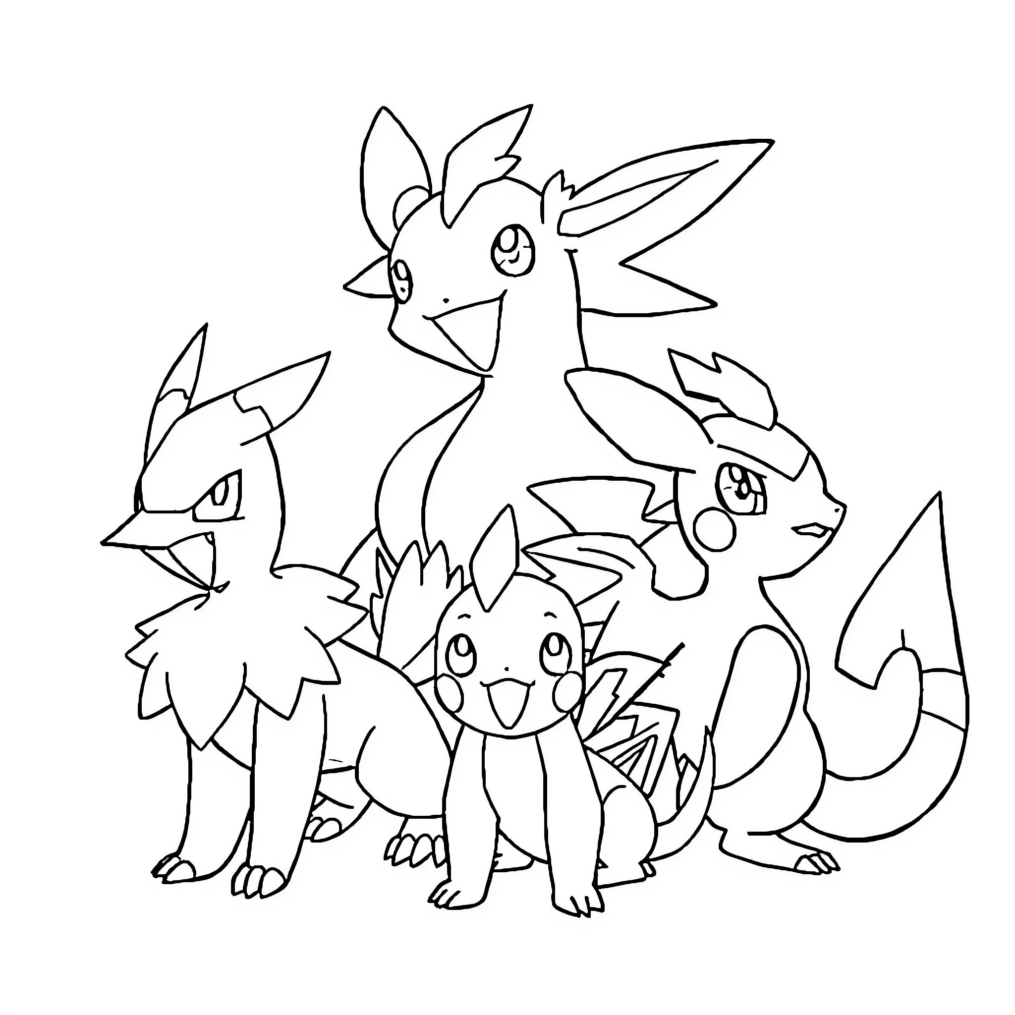 Pokémon characters in a friendly gathering Coloring Page (free black-and-white line drawing printable PDF for all, from beginners to advanced learners, including children, teens, adults, and seniors)