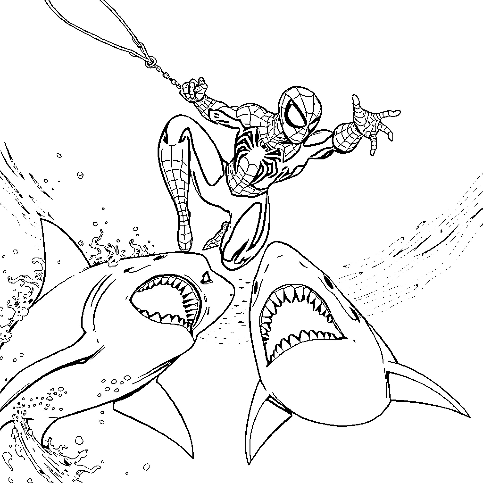 Spiderman swinging above shark-infested waters Coloring Page (free black-and-white line drawing printable PDF for all, from beginners to advanced learners, including children, teens, adults, and seniors)
