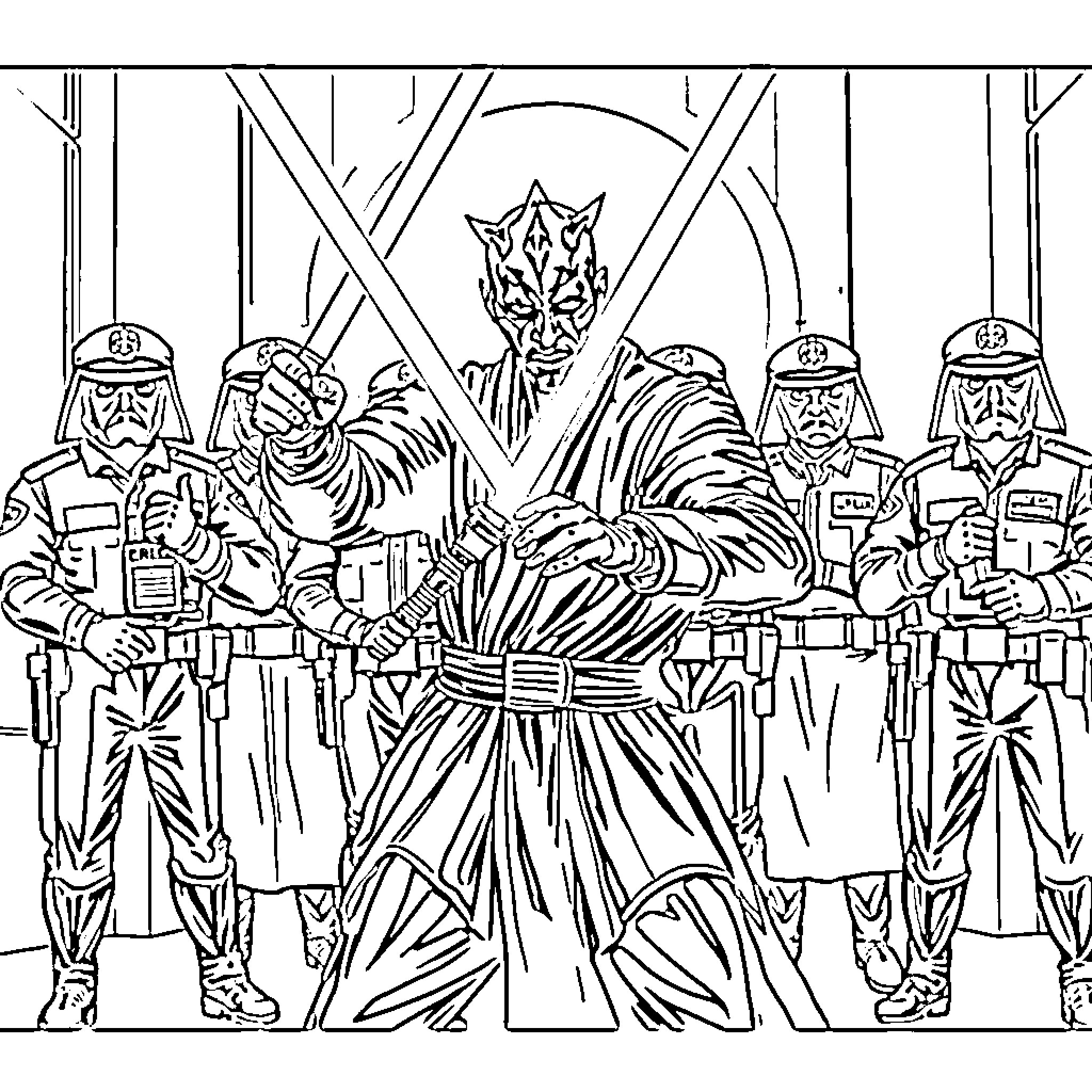 Darth Maul leading a team of armed imperial troops Coloring Page (free black-and-white line drawing printable PDF for all, from beginners to advanced learners, including children, teens, adults, and seniors)
