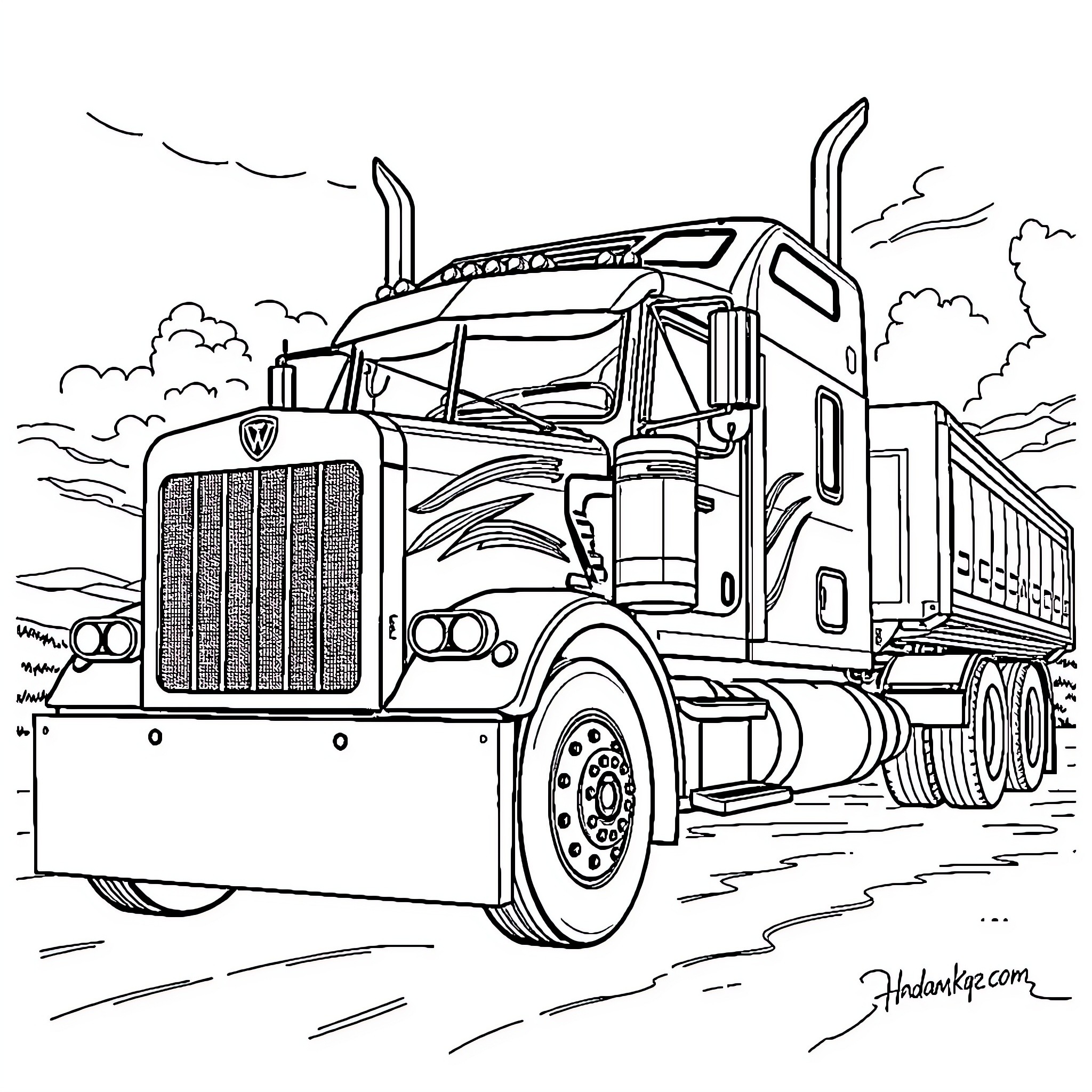 Kenworth heavy-duty truck hauling cargo on the road Coloring Page (free black-and-white line drawing printable PDF for all, from beginners to advanced learners, including children, teens, adults, and seniors)