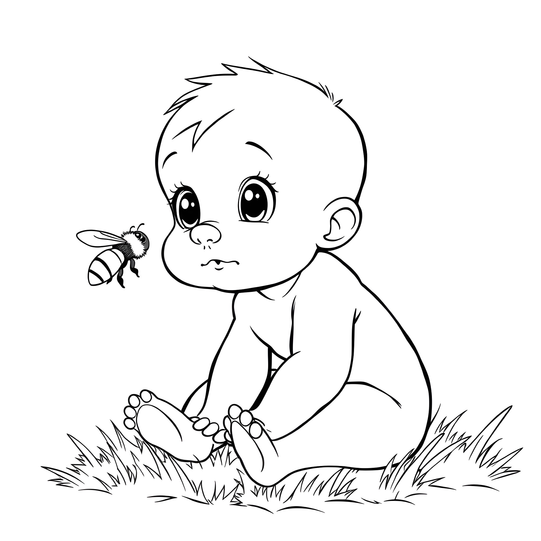 Bee and Baby Gazing in the Grass Coloring Page (free black-and-white line drawing printable PDF for all, from beginners to advanced learners, including children, teens, adults, and seniors)