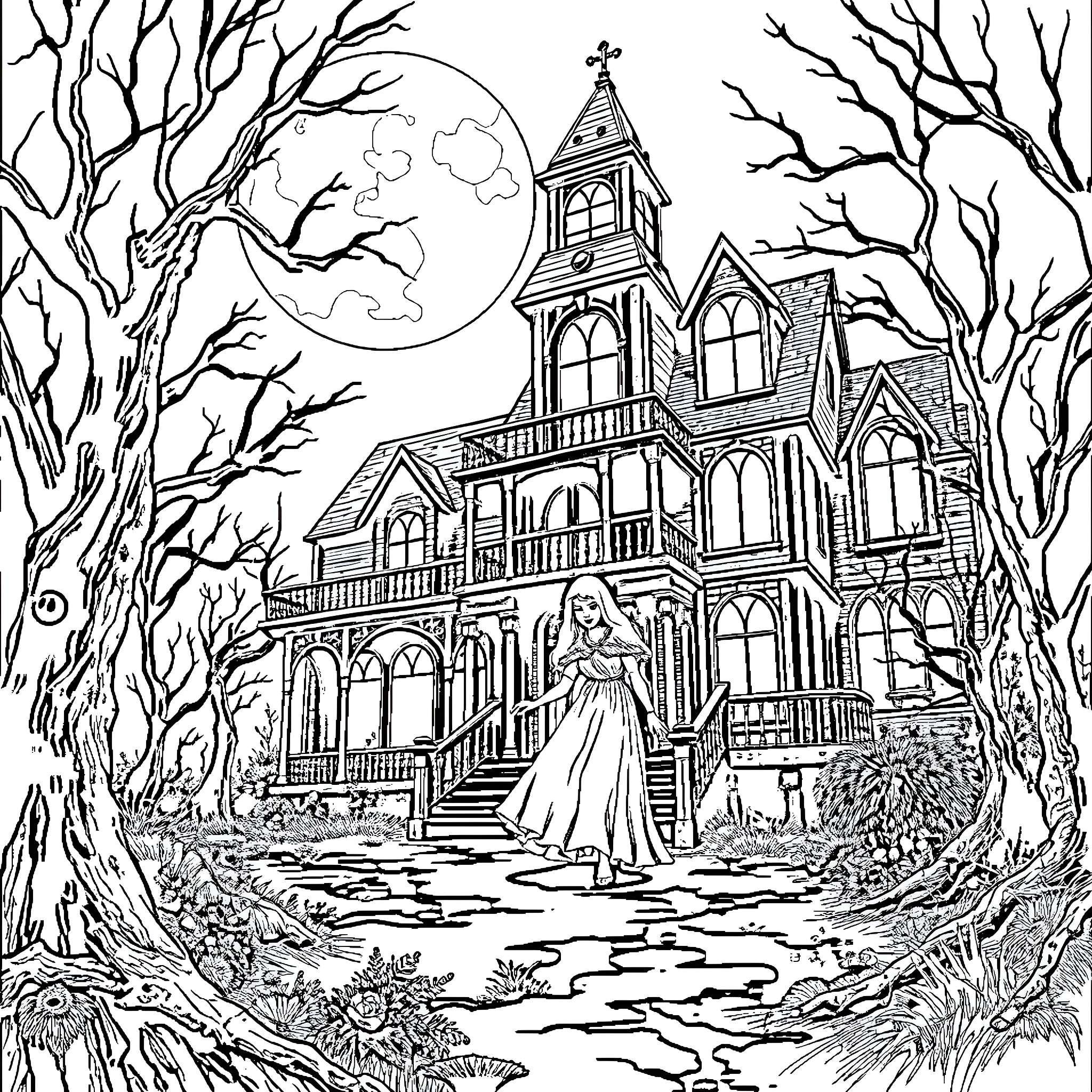 Adeline's Enchanted Manor on a Moonlit Night Coloring Page (free black-and-white line drawing printable PDF for all, from beginners to advanced learners, including children, teens, adults, and seniors)