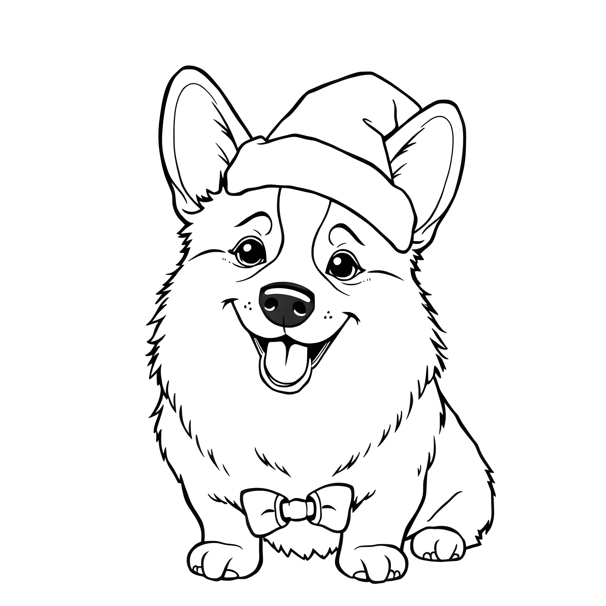 Corgi with a happy expression wearing a bow tie Coloring Page (free black-and-white line drawing printable PDF for all, from beginners to advanced learners, including children, teens, adults, and seniors)