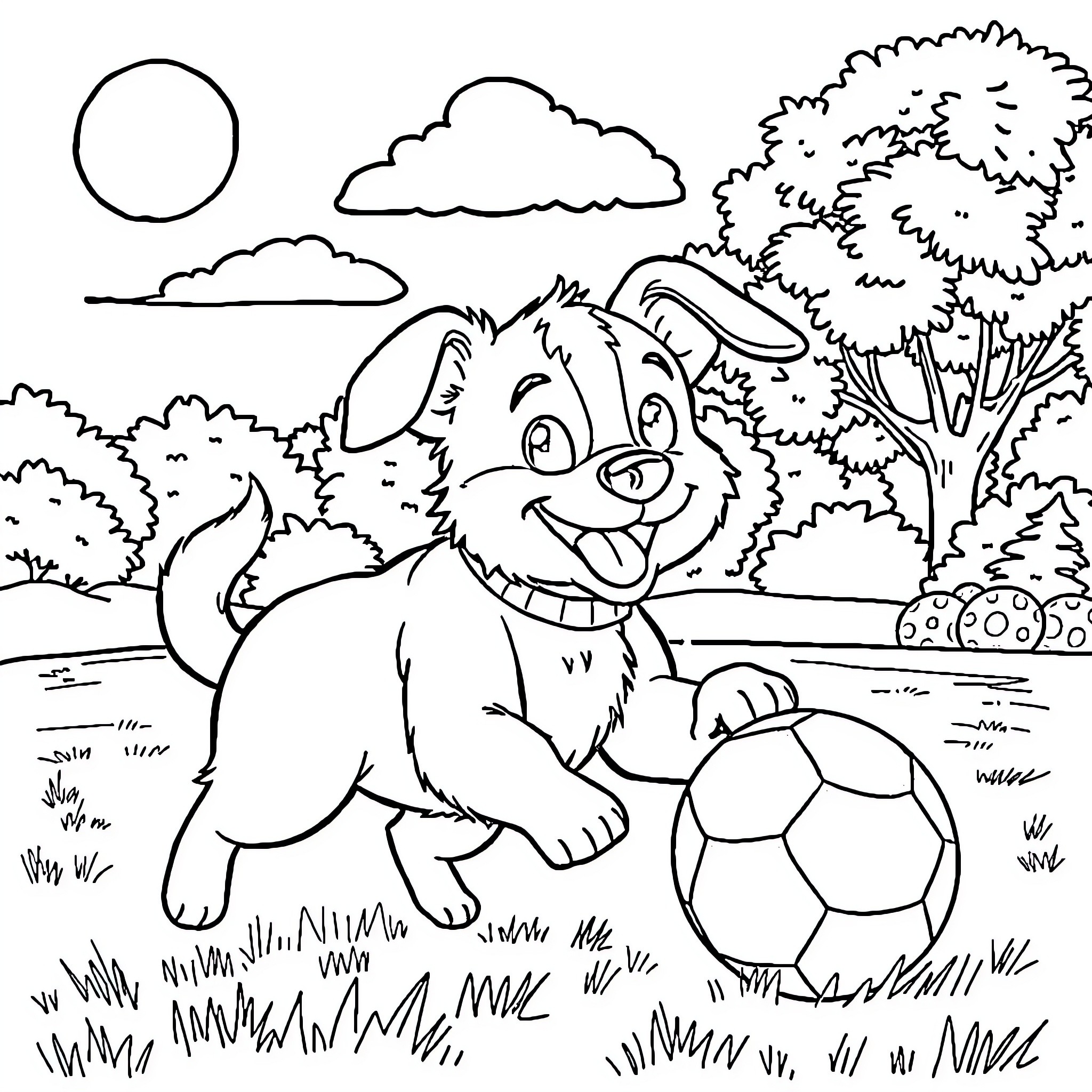 Dog playing happily with a soccer ball in the park Coloring Page (free black-and-white line drawing printable PDF for all, from beginners to advanced learners, including children, teens, adults, and seniors)