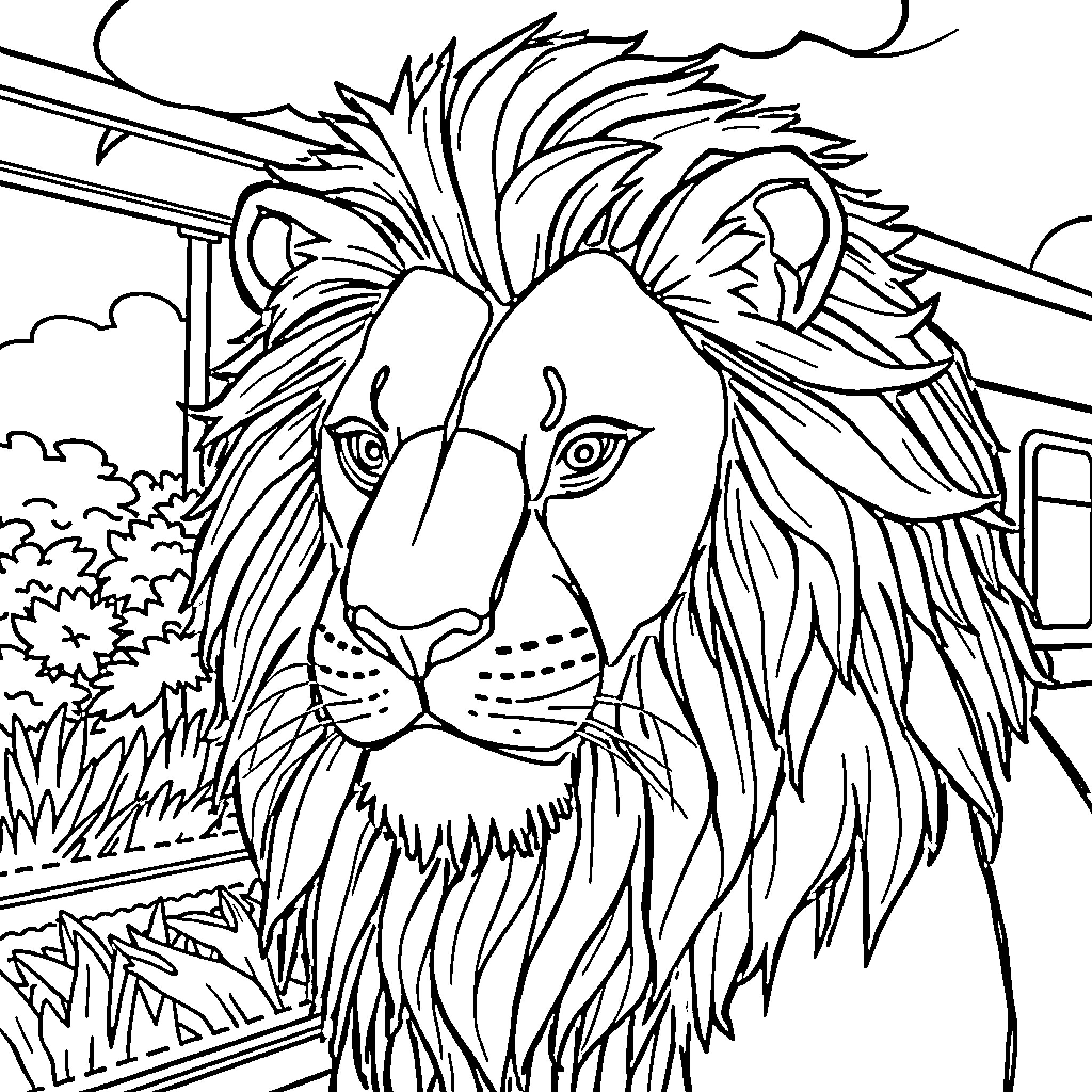 Hybrid Animal with Ferocious Lion Expression Coloring Page (free black-and-white line drawing printable PDF for all, from beginners to advanced learners, including children, teens, adults, and seniors)