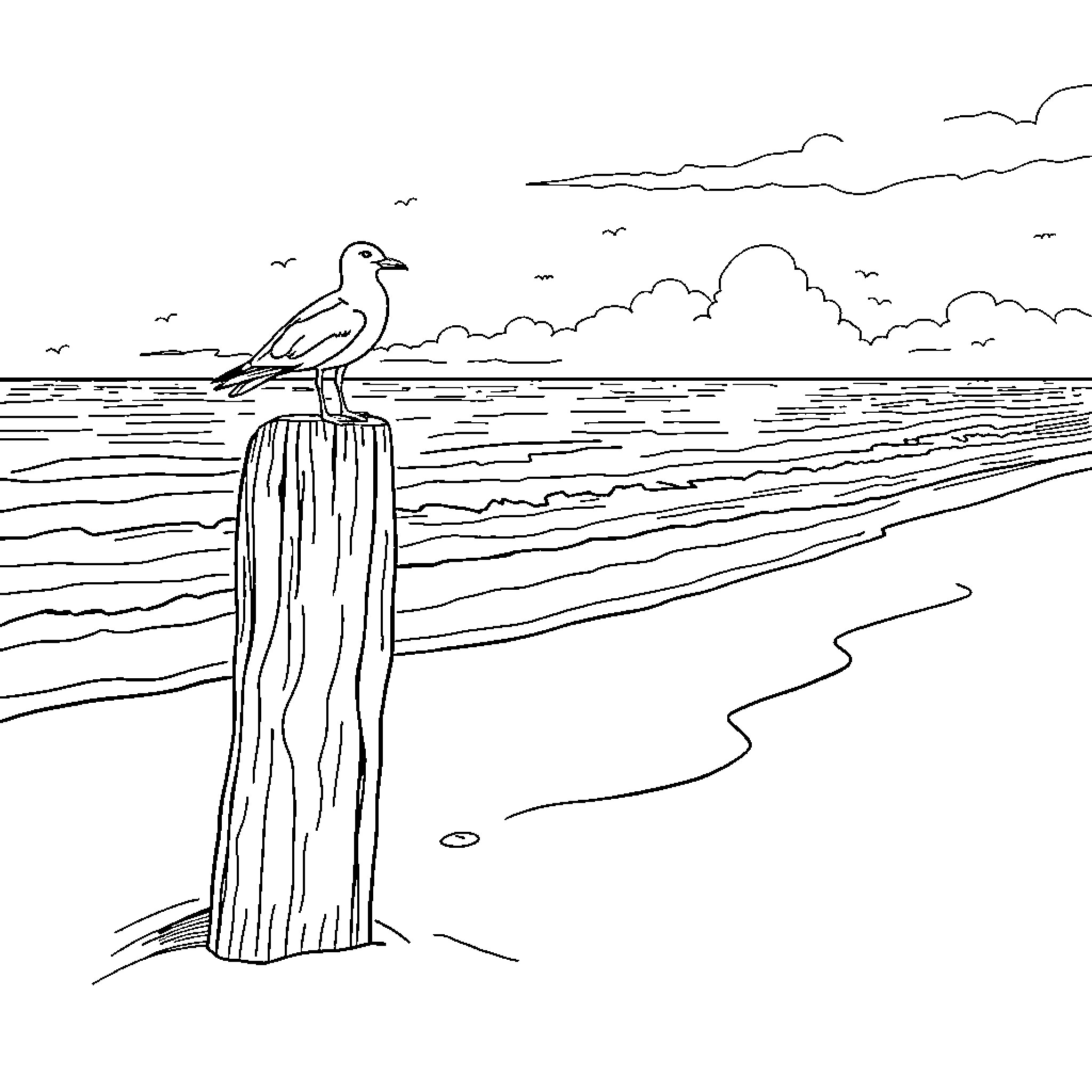 Seagull perched on wooden post by the beach Coloring Page (free black-and-white line drawing printable PDF for all, from beginners to advanced learners, including children, teens, adults, and seniors)