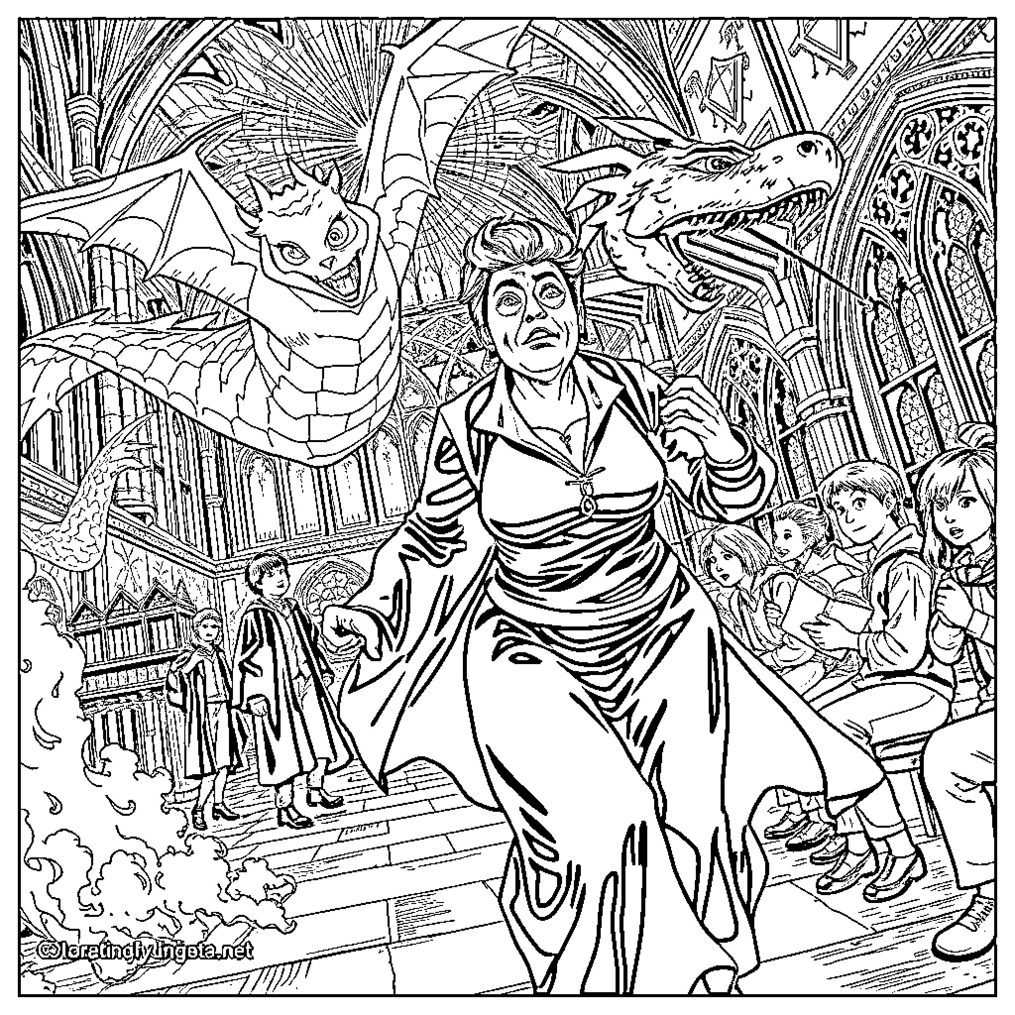 Dolores Umbridge's Chaotic Reign at Hogwarts Coloring Page (free black-and-white line drawing printable PDF for all, from beginners to advanced learners, including children, teens, adults, and seniors)