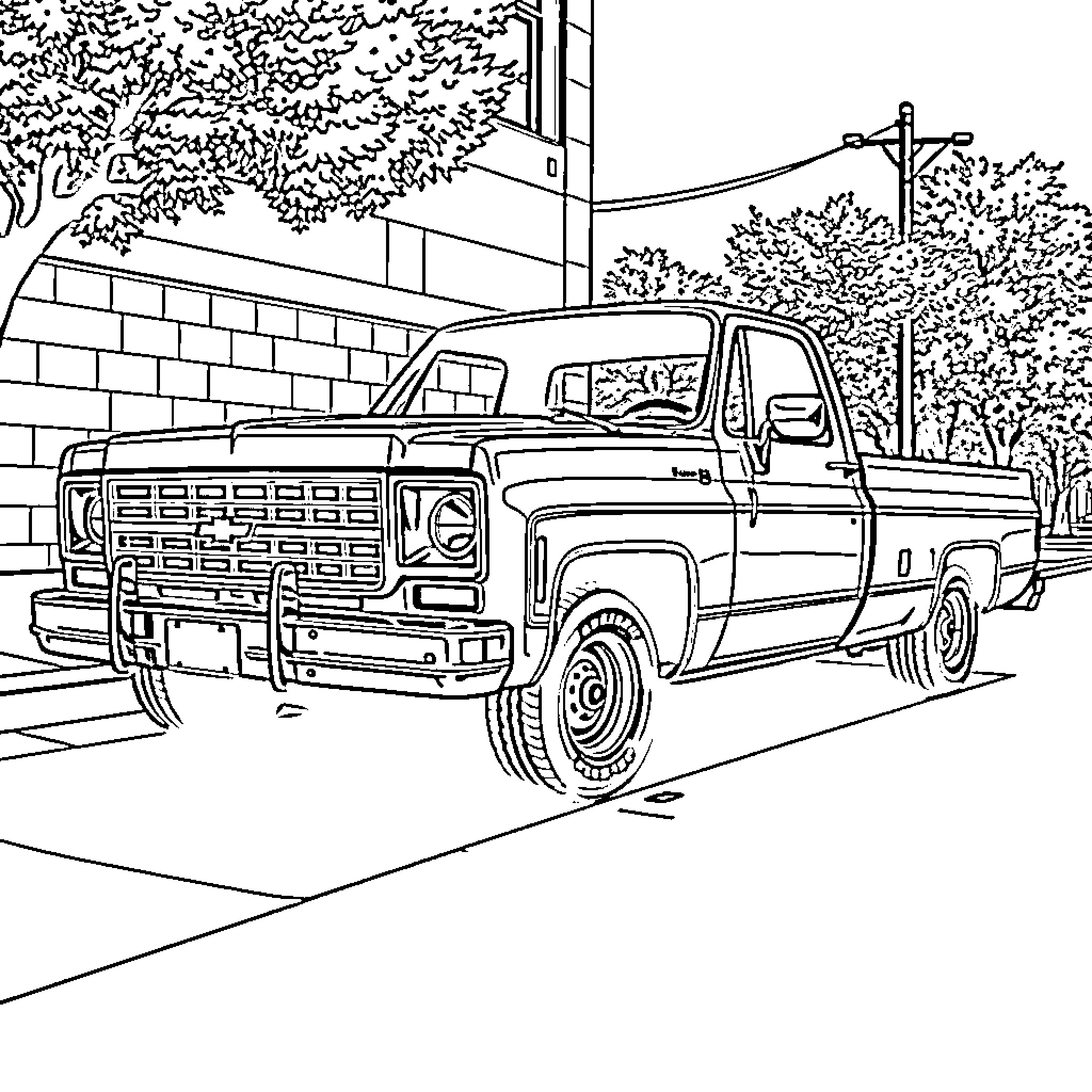 Chevrolet truck parked on city street Coloring Page (free black-and-white line drawing printable PDF for all, from beginners to advanced learners, including children, teens, adults, and seniors)