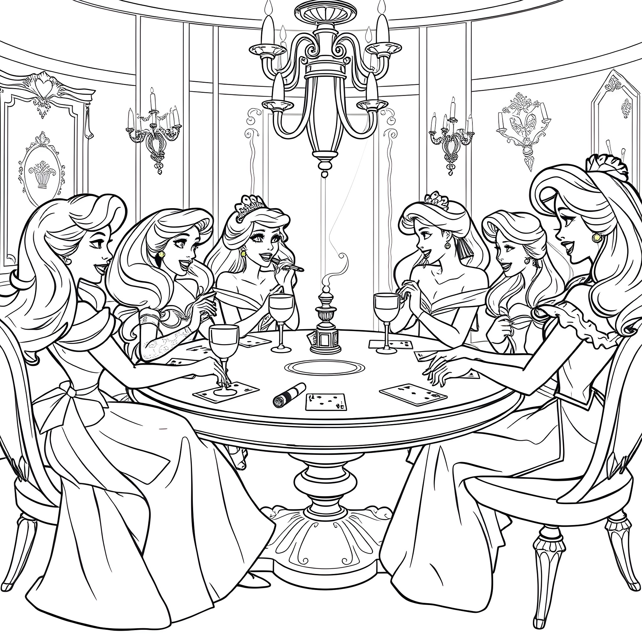 Princesses Enjoying a Lavish Tea Party Coloring Page (free black-and-white line drawing printable PDF for all, from beginners to advanced learners, including children, teens, adults, and seniors)
