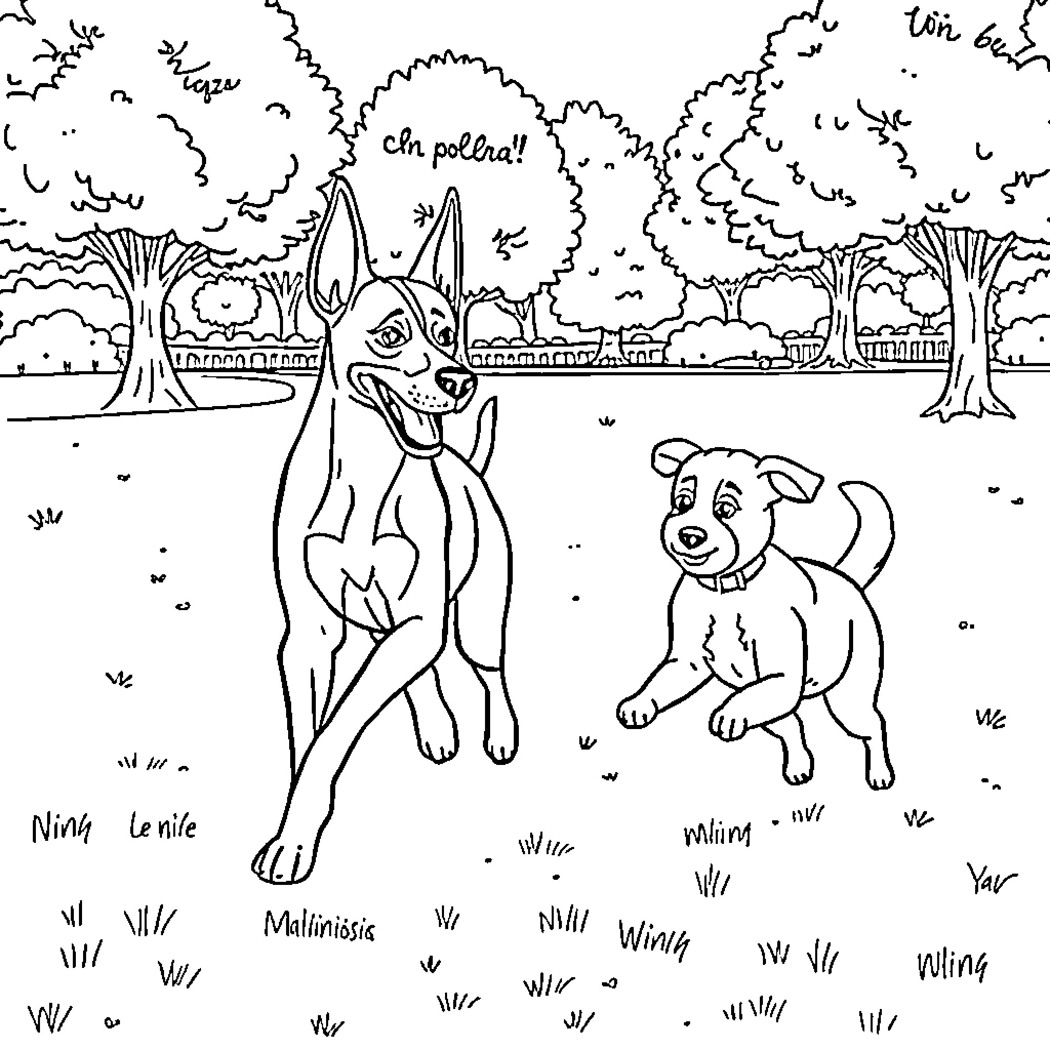 Perro playing happily with other animals in the park Coloring Page (free black-and-white line drawing printable PDF for all, from beginners to advanced learners, including children, teens, adults, and seniors)
