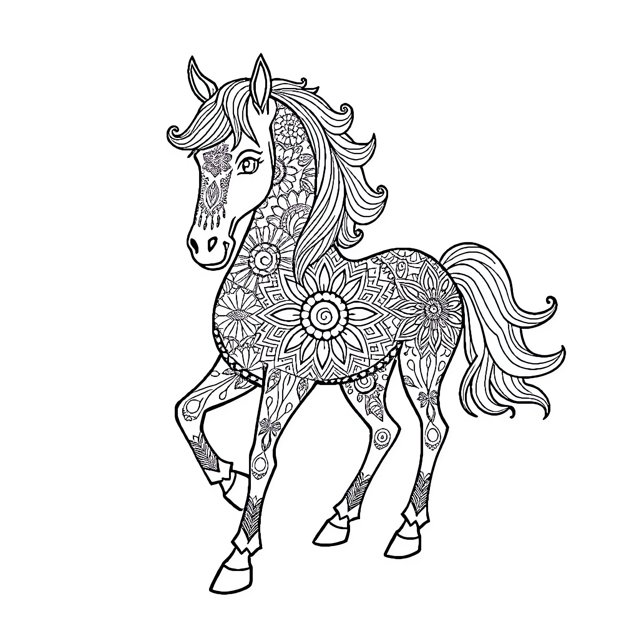 Horse with Intricate Floral Patterns Coloring Page (free black-and-white line drawing printable PDF for all, from beginners to advanced learners, including children, teens, adults, and seniors)