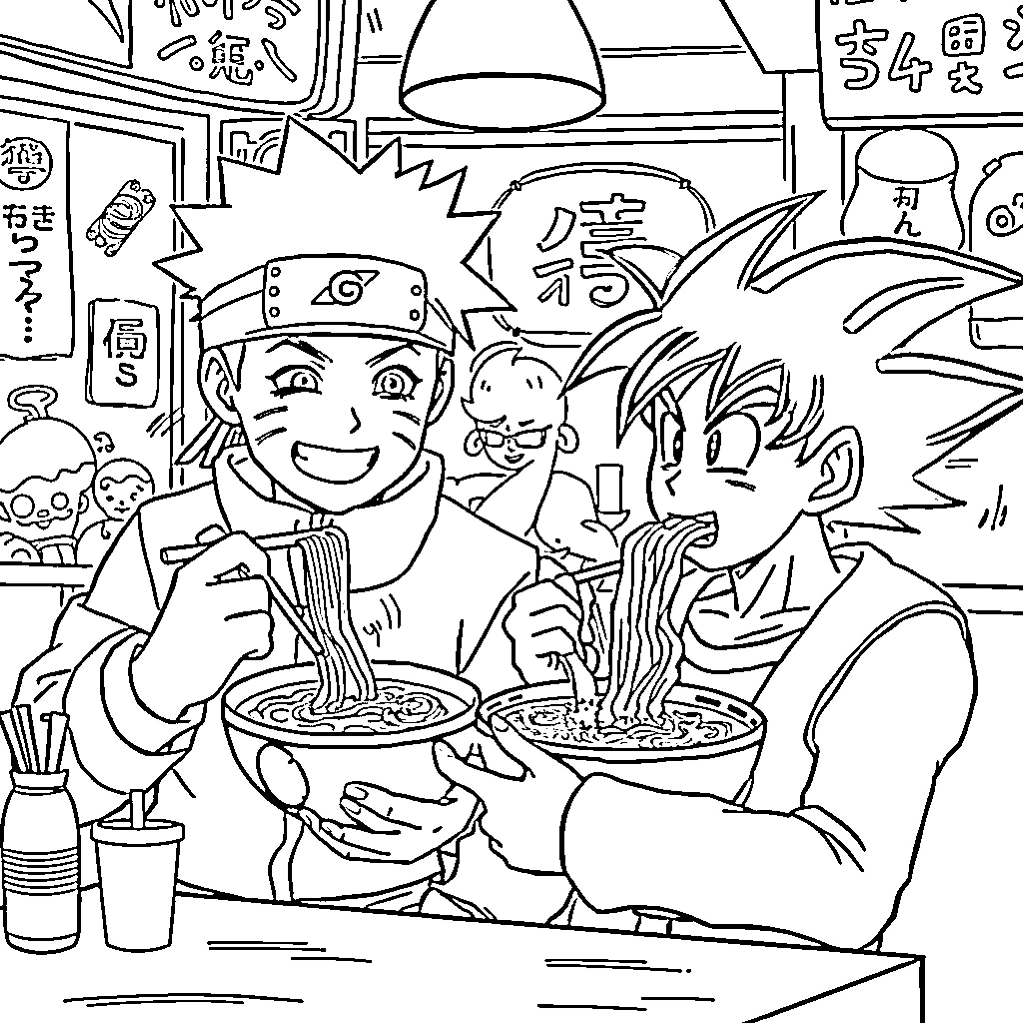Naruto and friends enjoying a delicious meal together Coloring Page (free black-and-white line drawing printable PDF for all, from beginners to advanced learners, including children, teens, adults, and seniors)