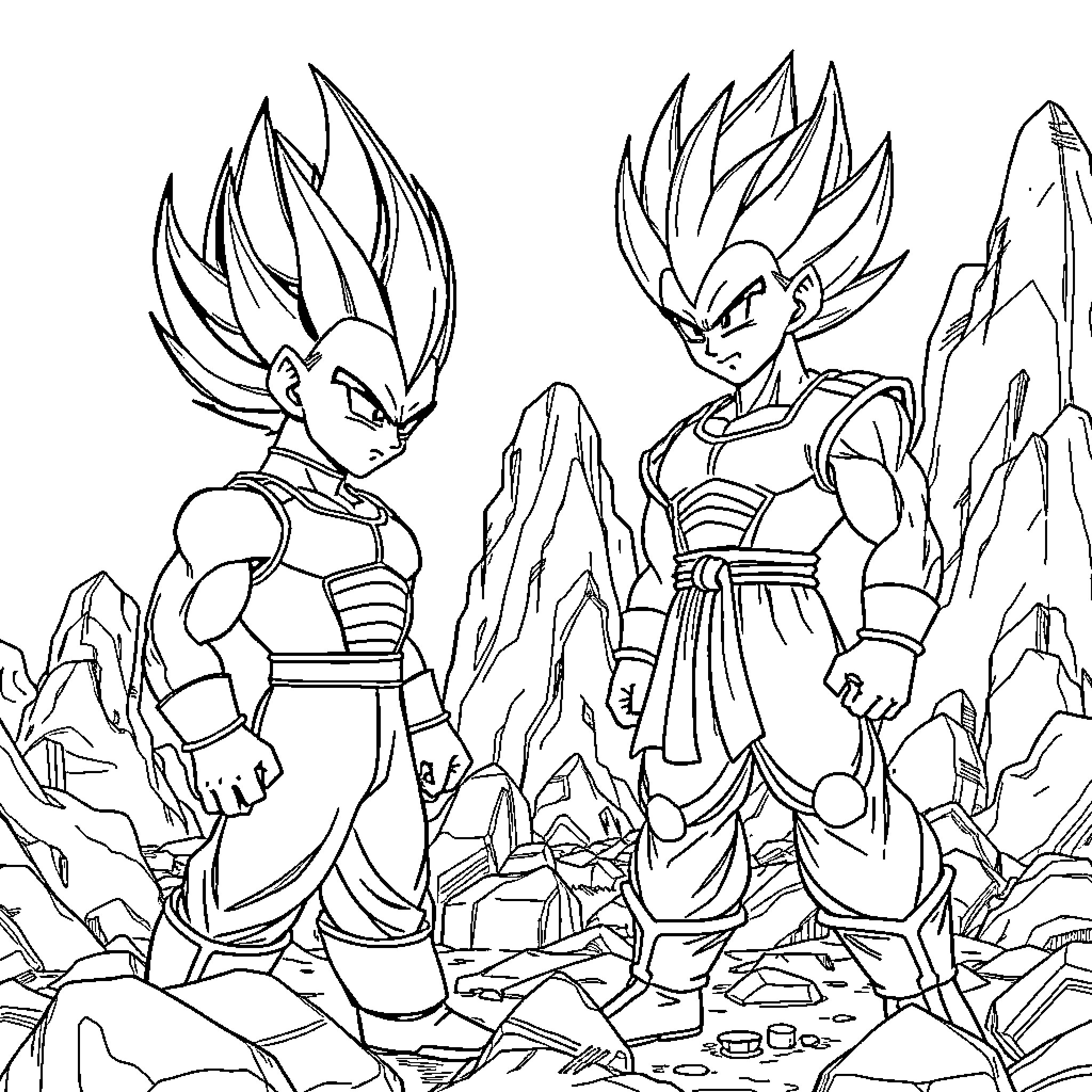 Vegeta and Goku in fierce battle on rocky terrain Coloring Page (free black-and-white line drawing printable PDF for all, from beginners to advanced learners, including children, teens, adults, and seniors)