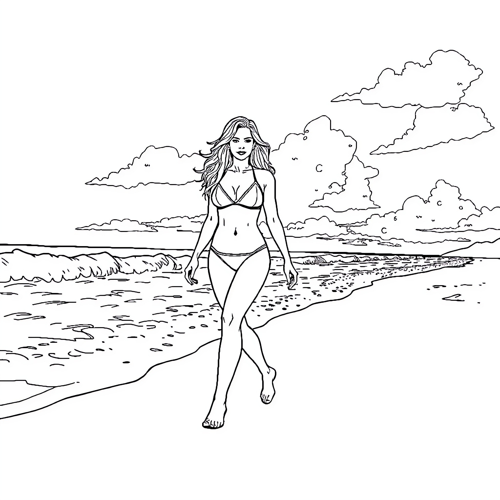 Pamela Anderson walking along the beach Coloring Page (free black-and-white line drawing printable PDF for all, from beginners to advanced learners, including children, teens, adults, and seniors)