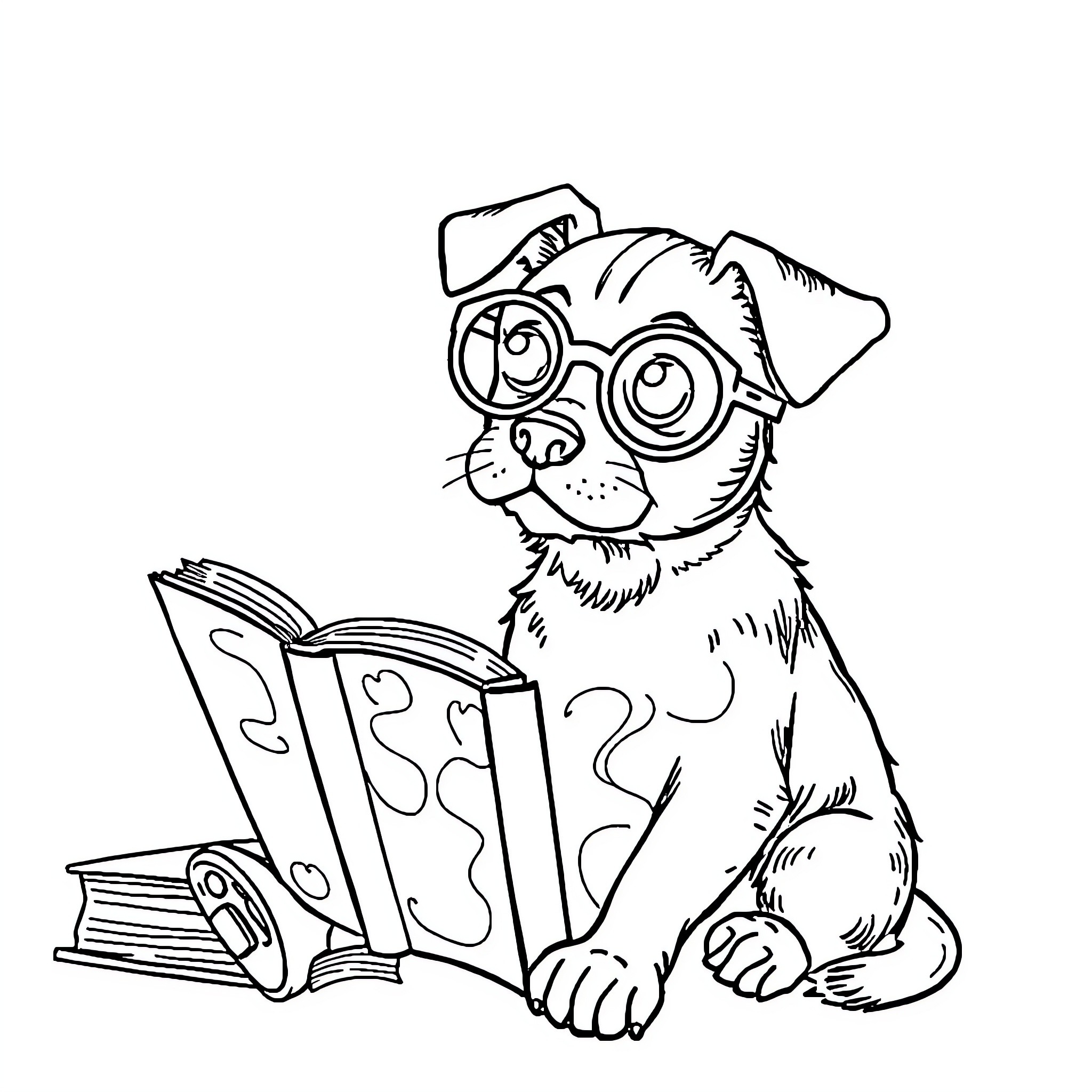 Dog reading books with glasses Coloring Page (free black-and-white line drawing printable PDF for all, from beginners to advanced learners, including children, teens, adults, and seniors)