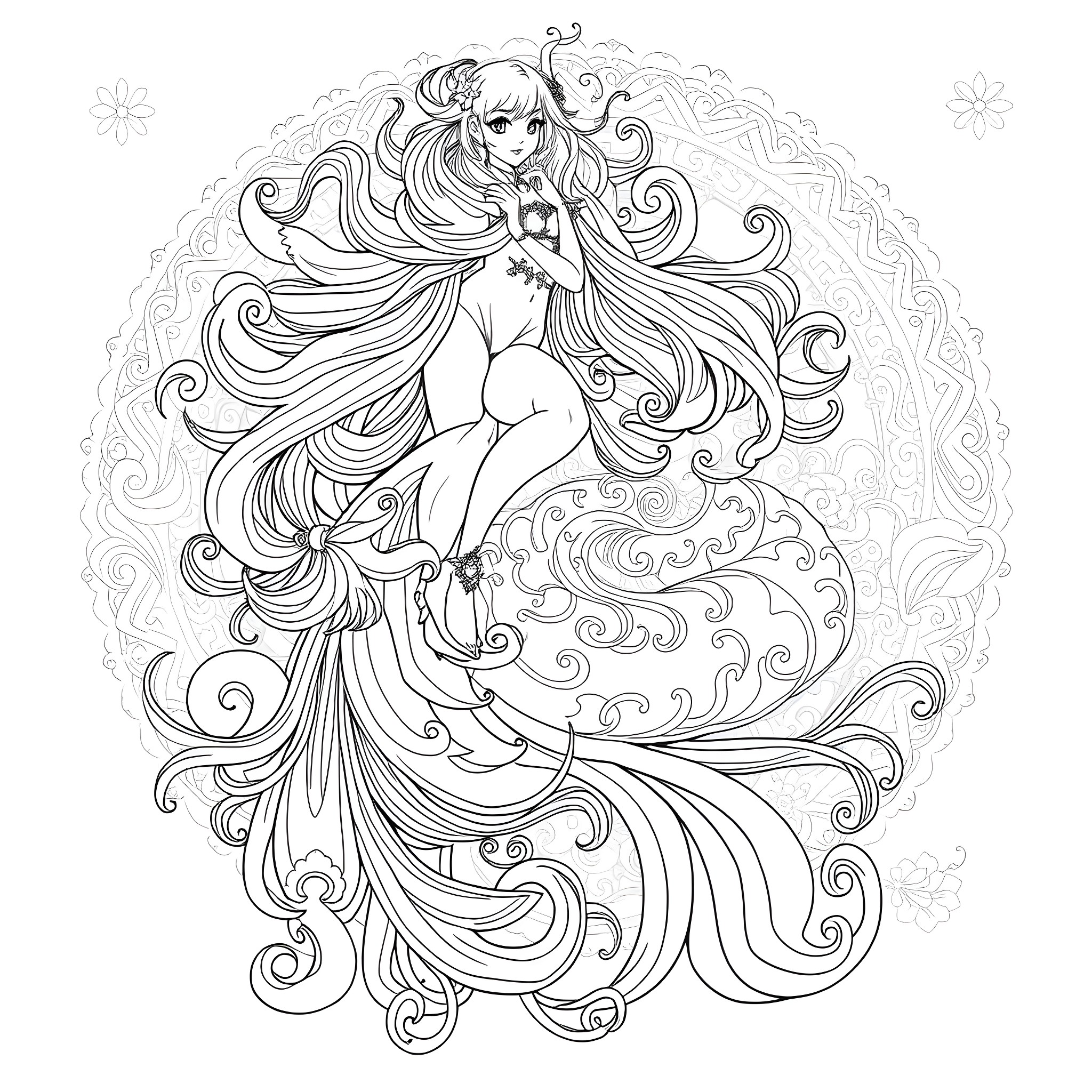 Mishipeshu - Mythical Creature in Enchanting Pose Coloring Page (free black-and-white line drawing printable PDF for all, from beginners to advanced learners, including children, teens, adults, and seniors)