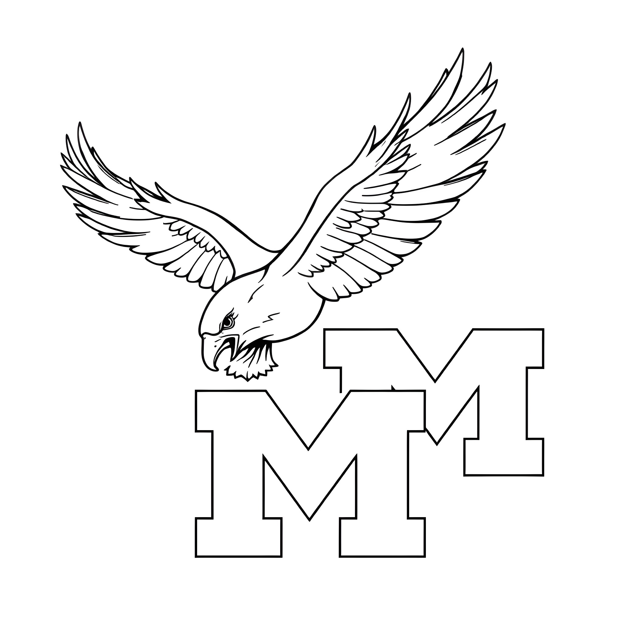 Eagles soaring with bold M symbol Coloring Page (free black-and-white line drawing printable PDF for all, from beginners to advanced learners, including children, teens, adults, and seniors)