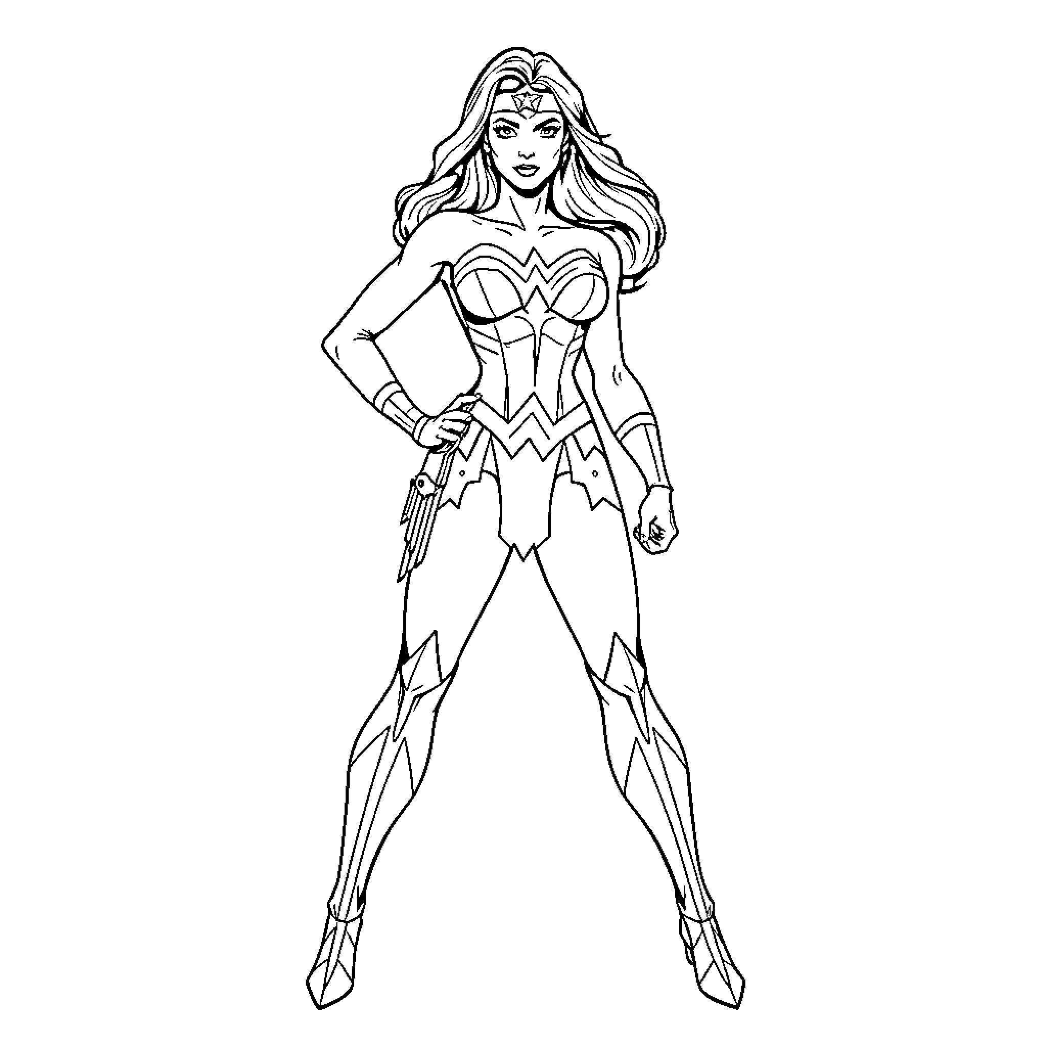 Wonder Woman in heroic pose with sword and shield Coloring Page (free black-and-white line drawing printable PDF for all, from beginners to advanced learners, including children, teens, adults, and seniors)
