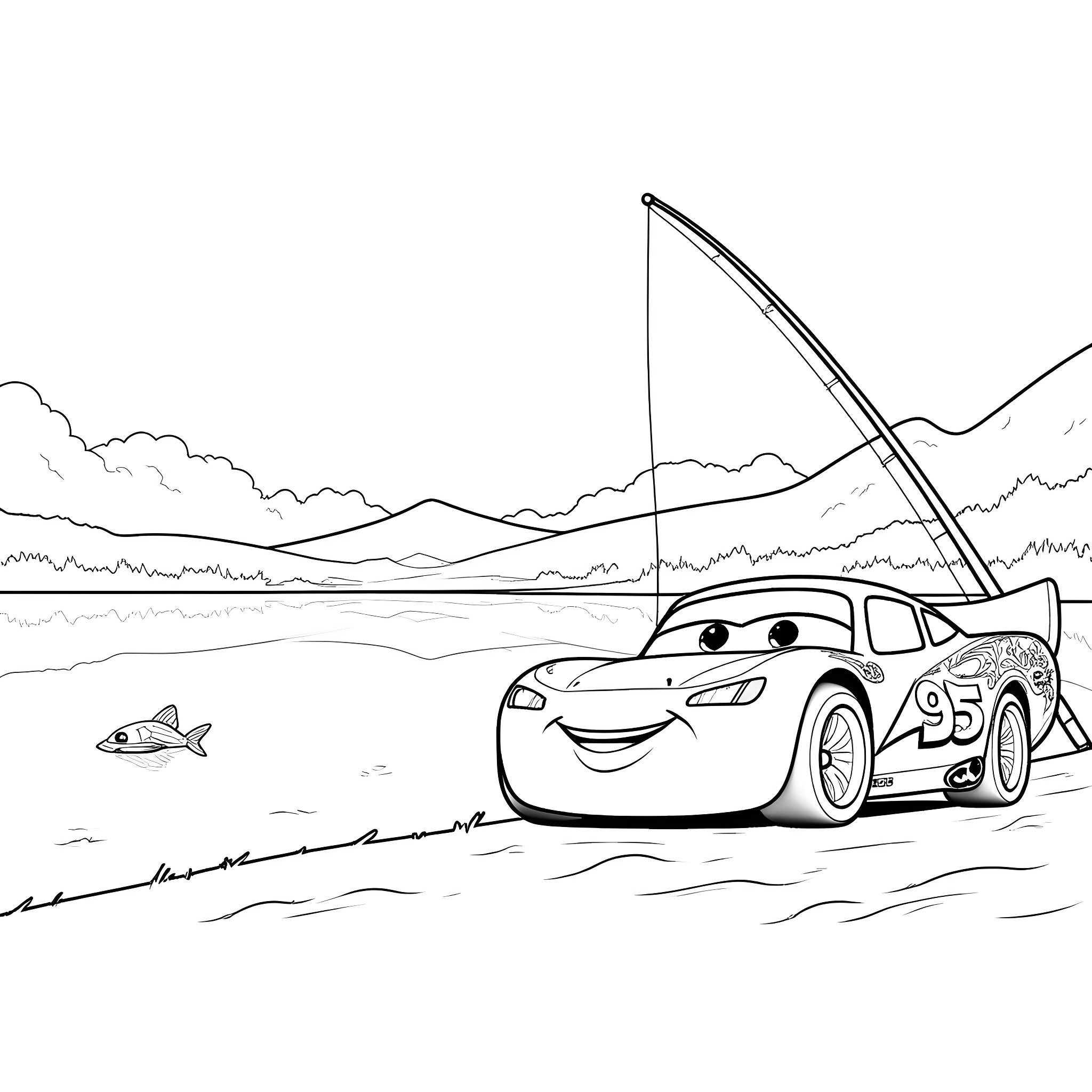 Lightning McQueen fishing by the lake Coloring Page (free black-and-white line drawing printable PDF for all, from beginners to advanced learners, including children, teens, adults, and seniors)