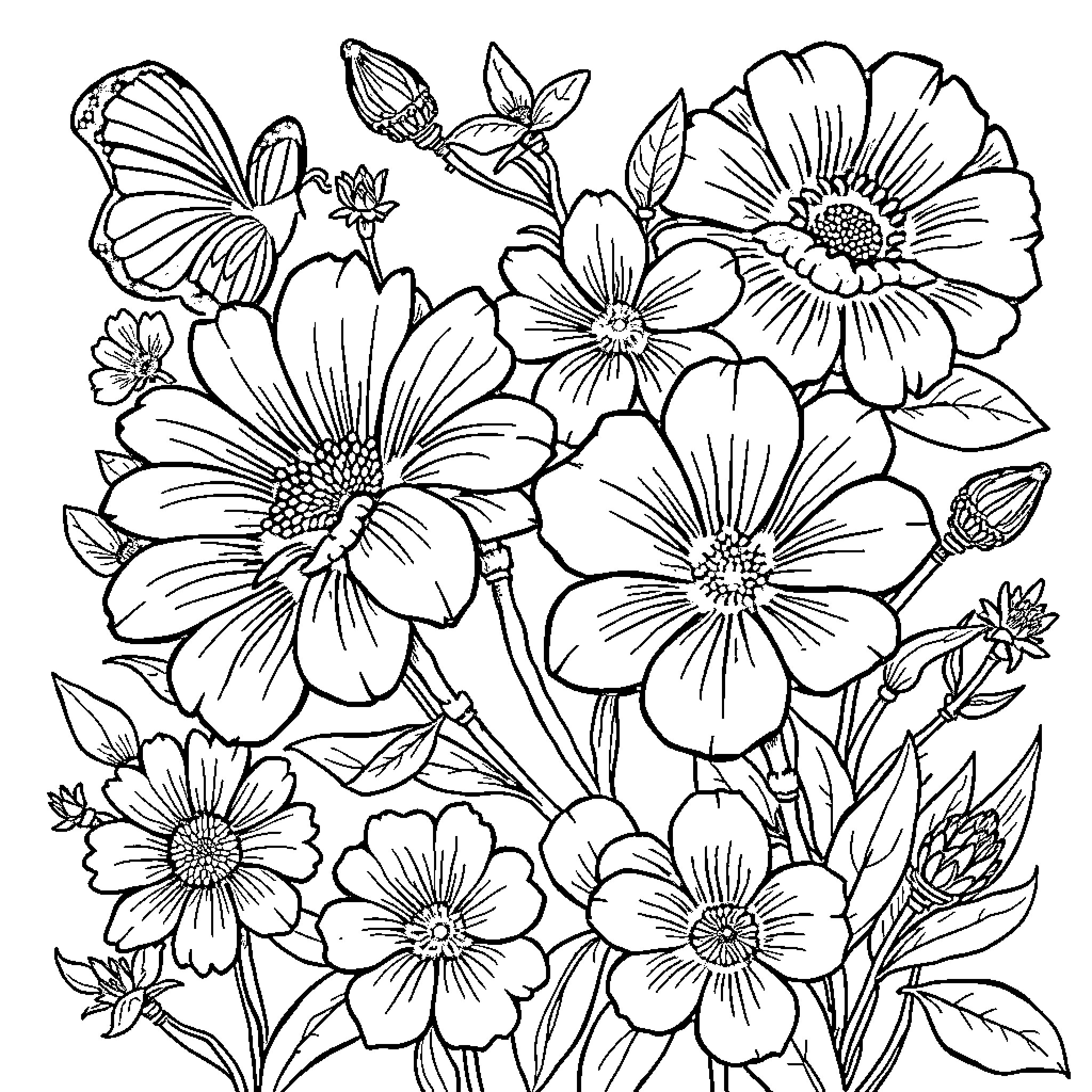 Wildflower garden scene with blooming flowers Coloring Page (free black-and-white line drawing printable PDF for all, from beginners to advanced learners, including children, teens, adults, and seniors)