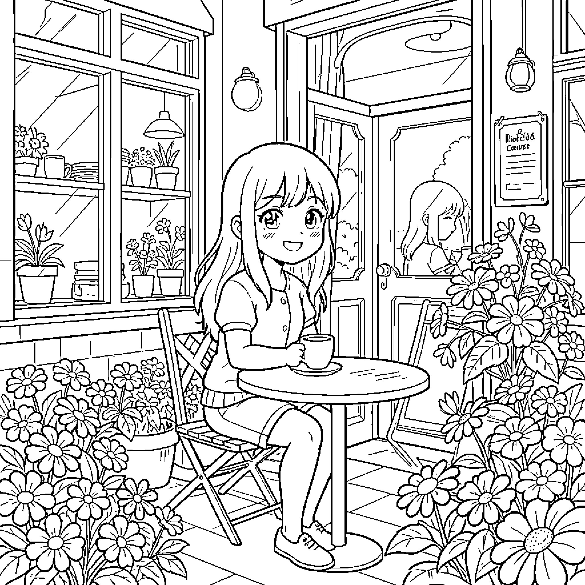 Anime Girl Enjoying a Cozy Cafe Setting Coloring Page (free black-and-white line drawing printable PDF for all, from beginners to advanced learners, including children, teens, adults, and seniors)