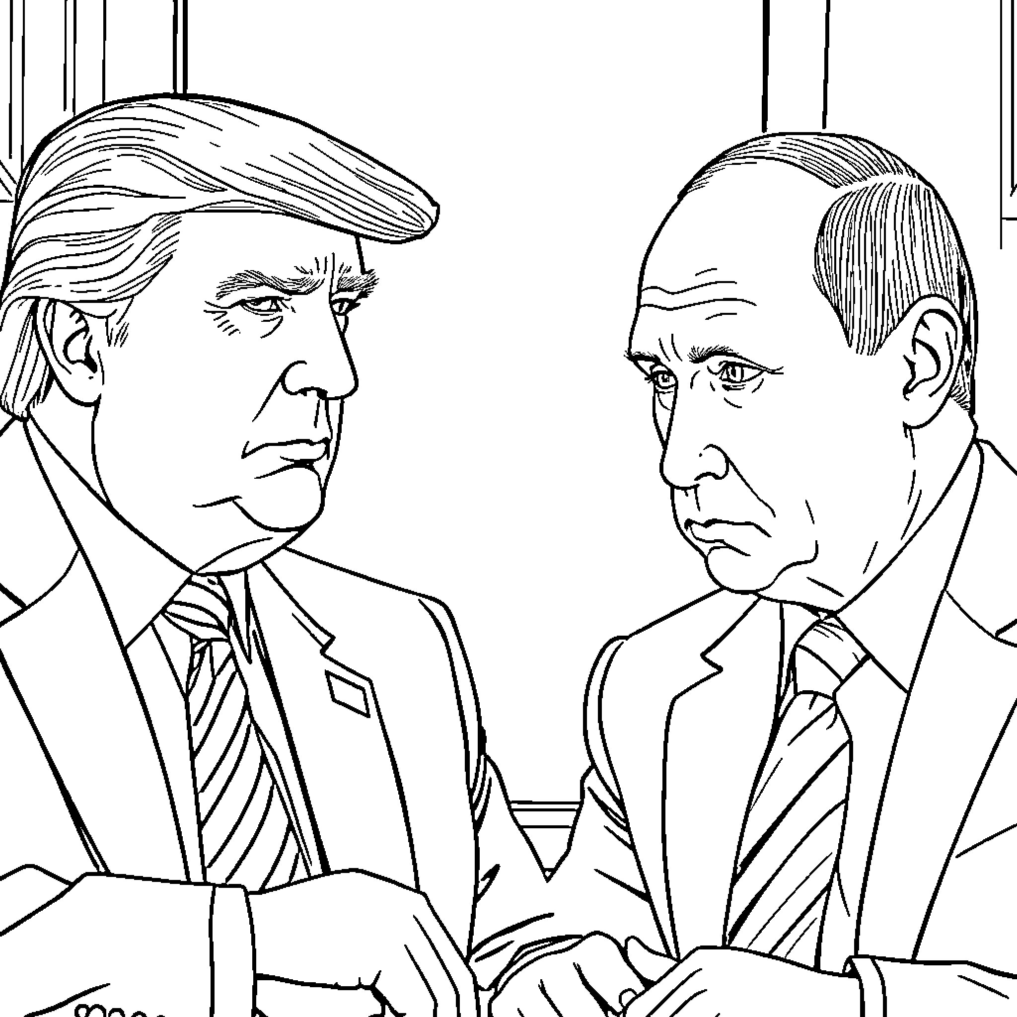 Trump facing off with Putin in a serious meeting Coloring Page (free black-and-white line drawing printable PDF for all, from beginners to advanced learners, including children, teens, adults, and seniors)