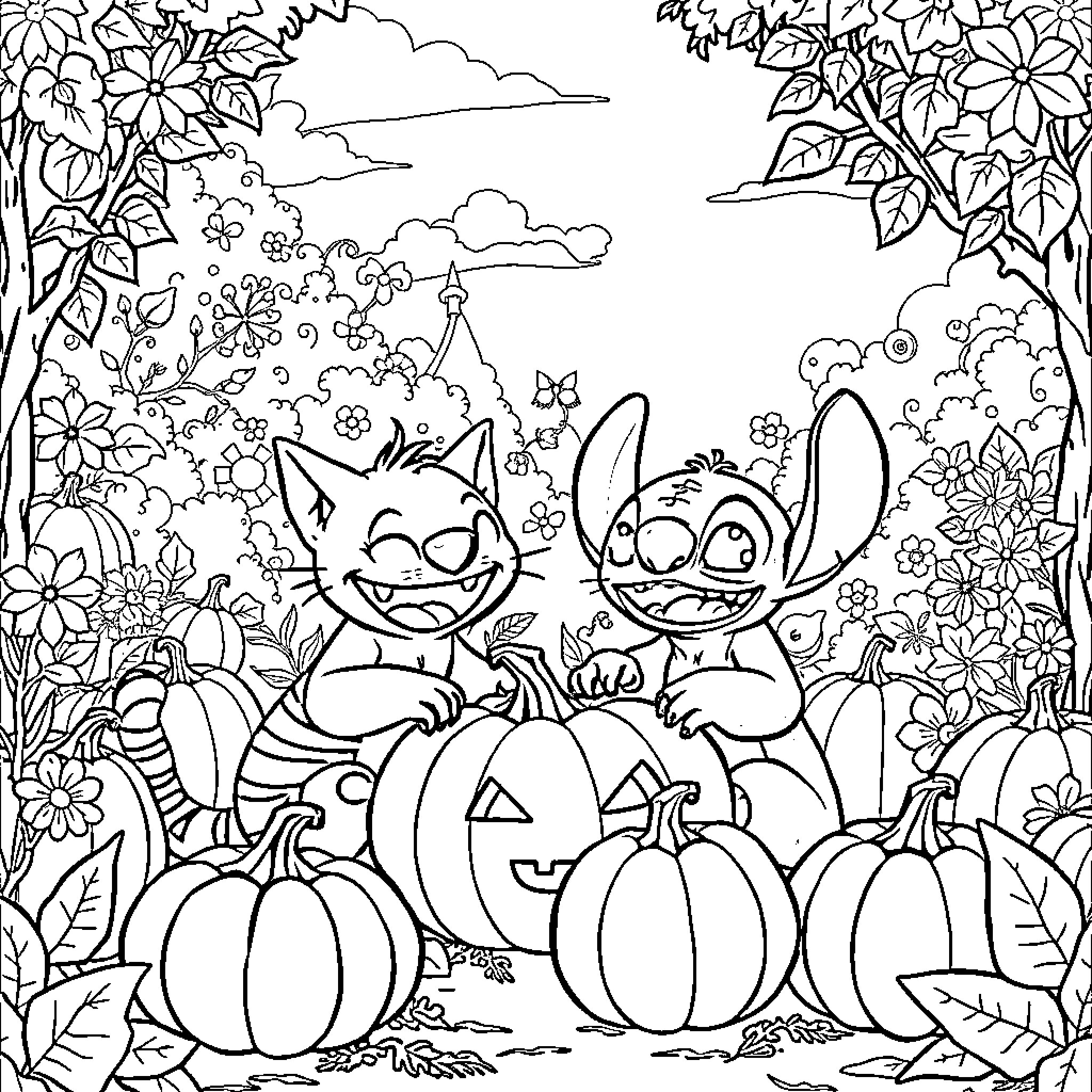 Cheshire Cat and Stitch explore magical forest with pumpkins Coloring Page (free black-and-white line drawing printable PDF for all, from beginners to advanced learners, including children, teens, adults, and seniors)