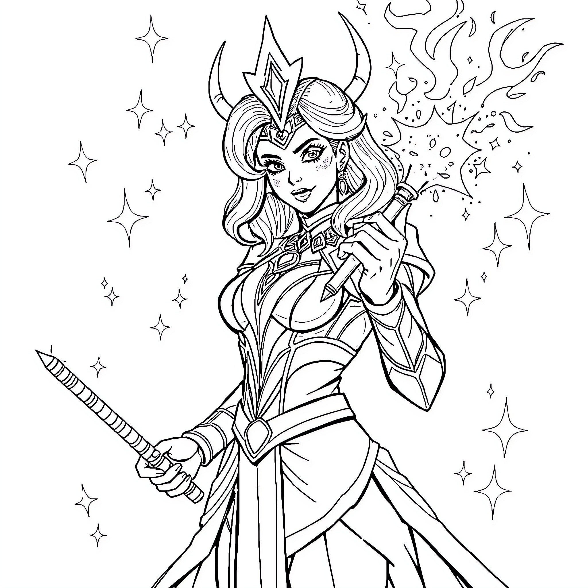 Rita Repulsa in Magical Warrior Pose Coloring Page (free black-and-white line drawing printable PDF for all, from beginners to advanced learners, including children, teens, adults, and seniors)