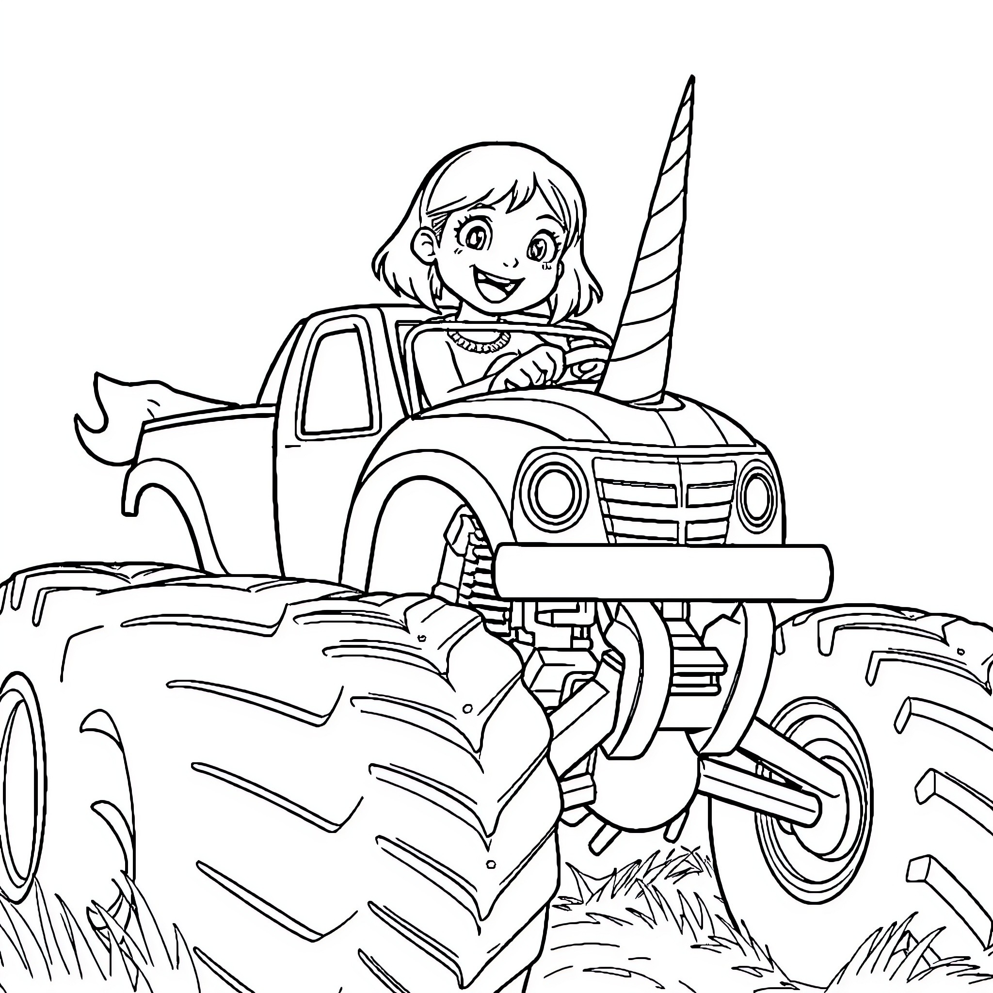 Girl driving a monster truck on the countryside Coloring Page (free black-and-white line drawing printable PDF for all, from beginners to advanced learners, including children, teens, adults, and seniors)