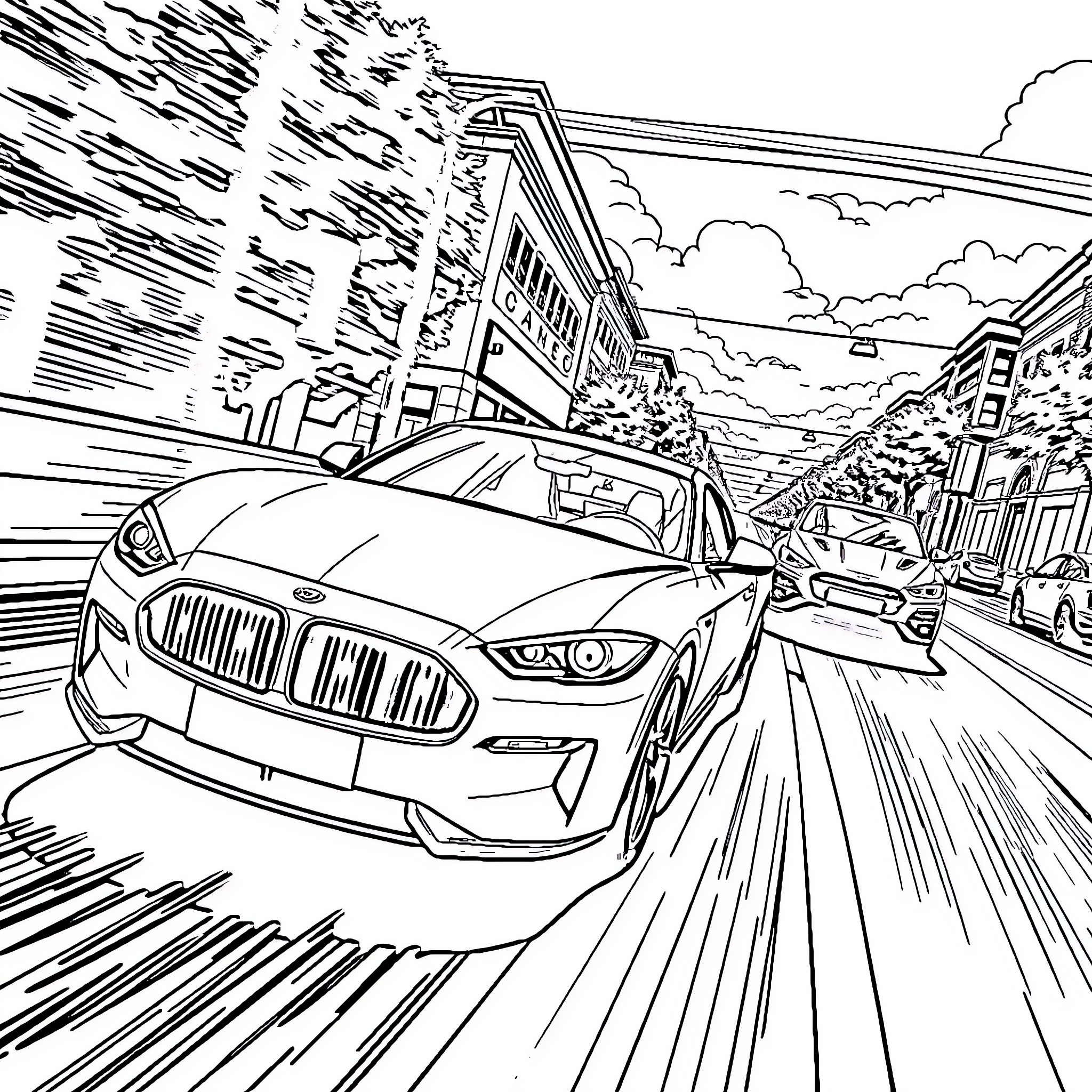 Car speeding through busy city street Coloring Page (free black-and-white line drawing printable PDF for all, from beginners to advanced learners, including children, teens, adults, and seniors)