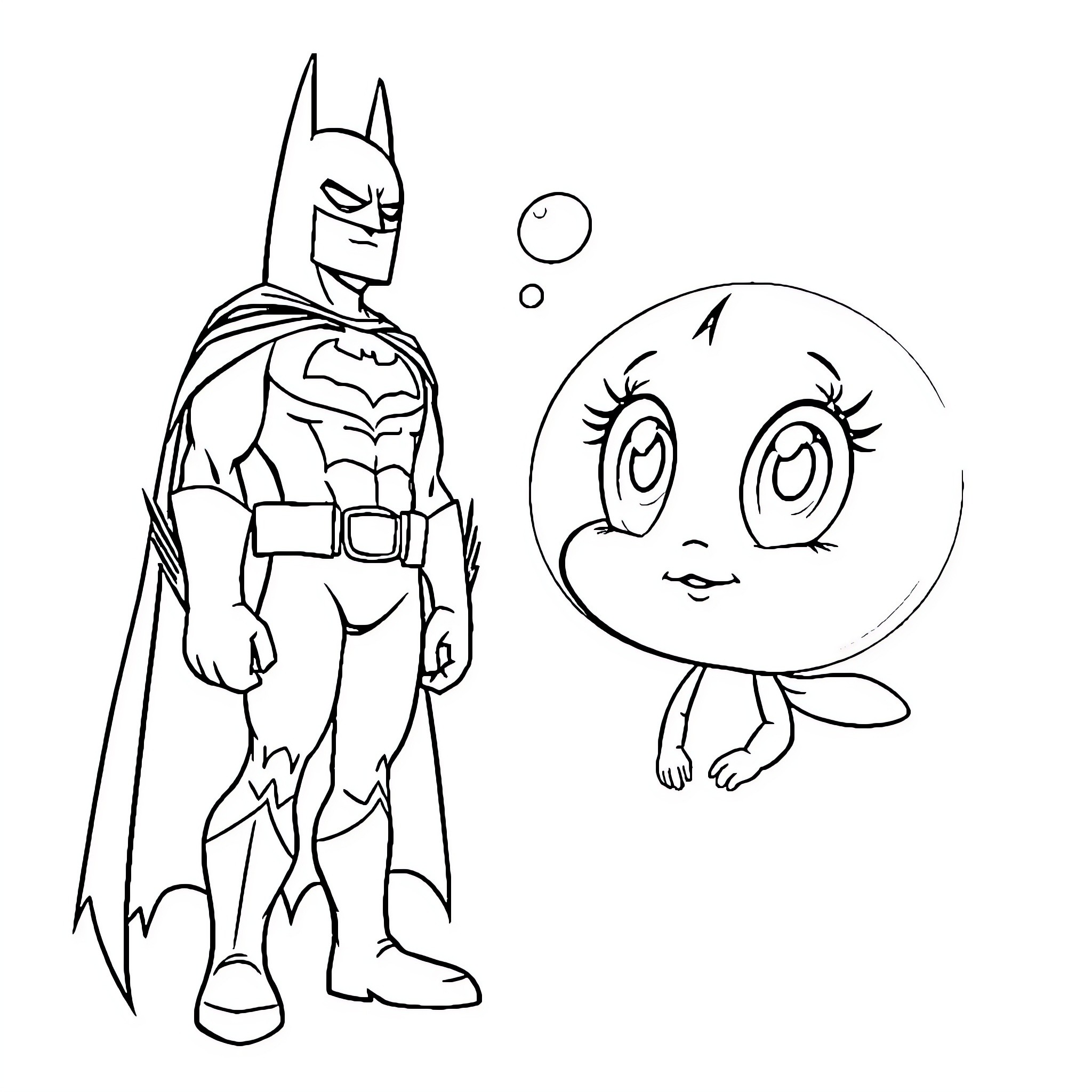 Bubbles with a superhero character Coloring Page (free black-and-white line drawing printable PDF for all, from beginners to advanced learners, including children, teens, adults, and seniors)