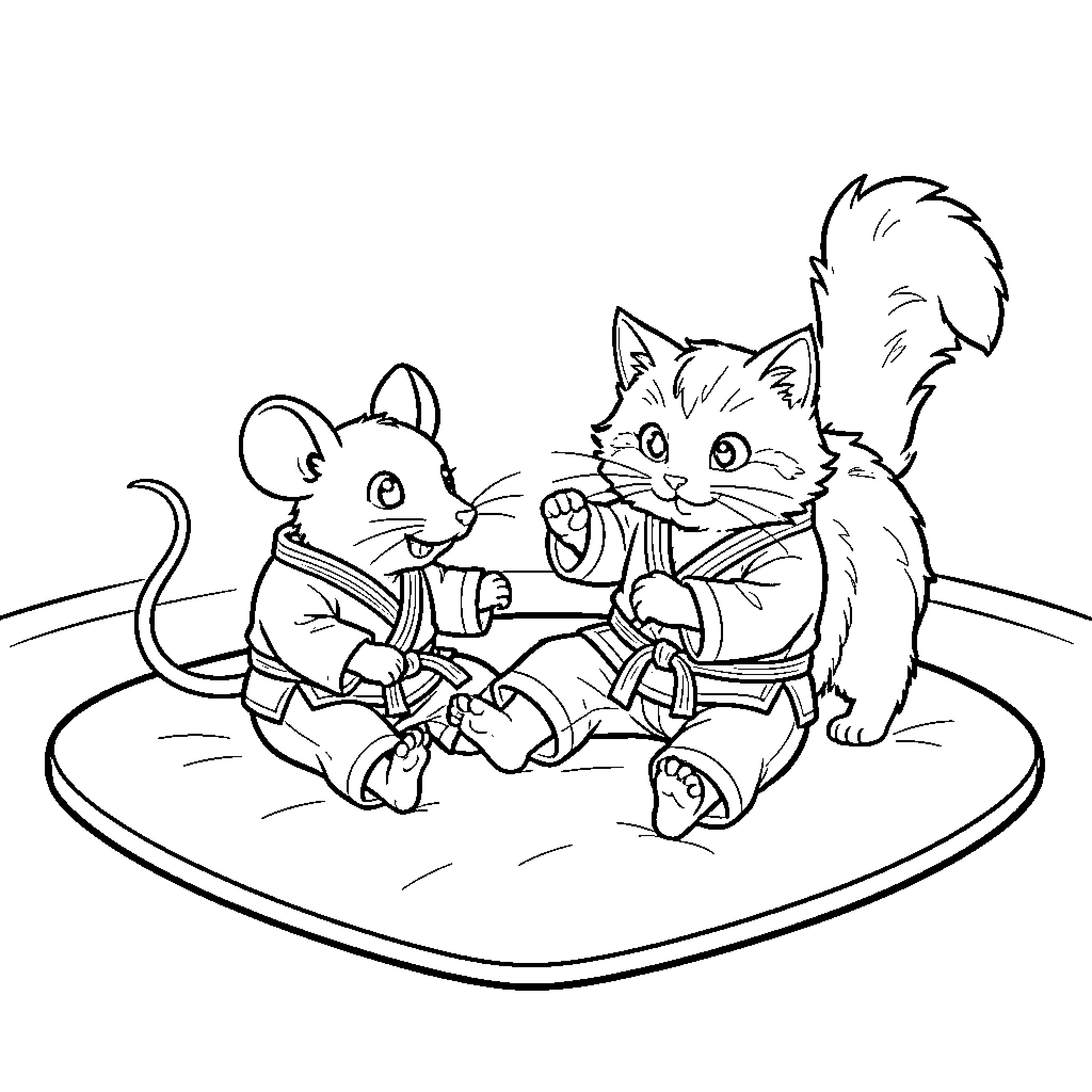 Mouse and cat in friendly wrestling match Coloring Page (free black-and-white line drawing printable PDF for all, from beginners to advanced learners, including children, teens, adults, and seniors)