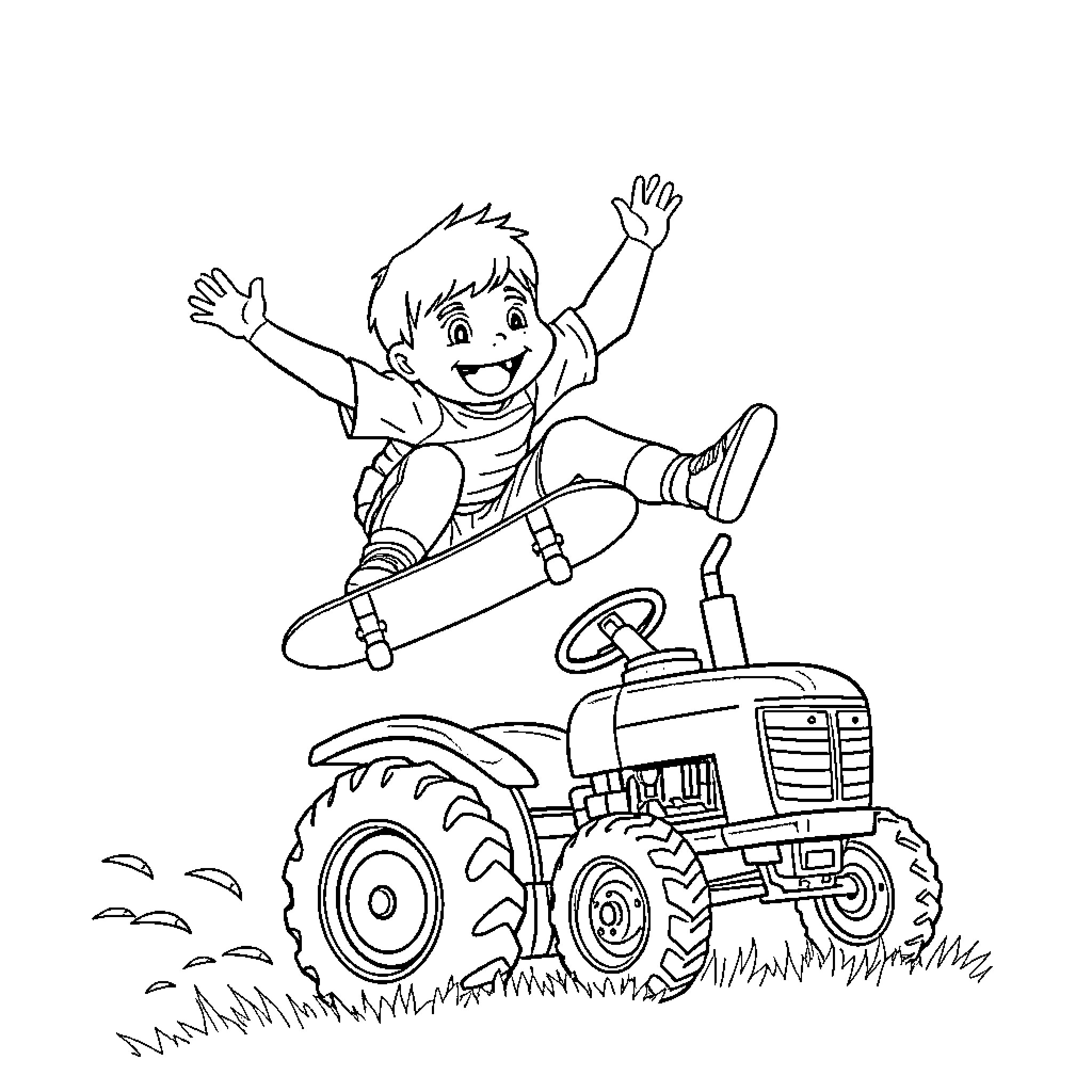 Toddler happily riding a tractor and skateboarding Coloring Page (free black-and-white line drawing printable PDF for all, from beginners to advanced learners, including children, teens, adults, and seniors)